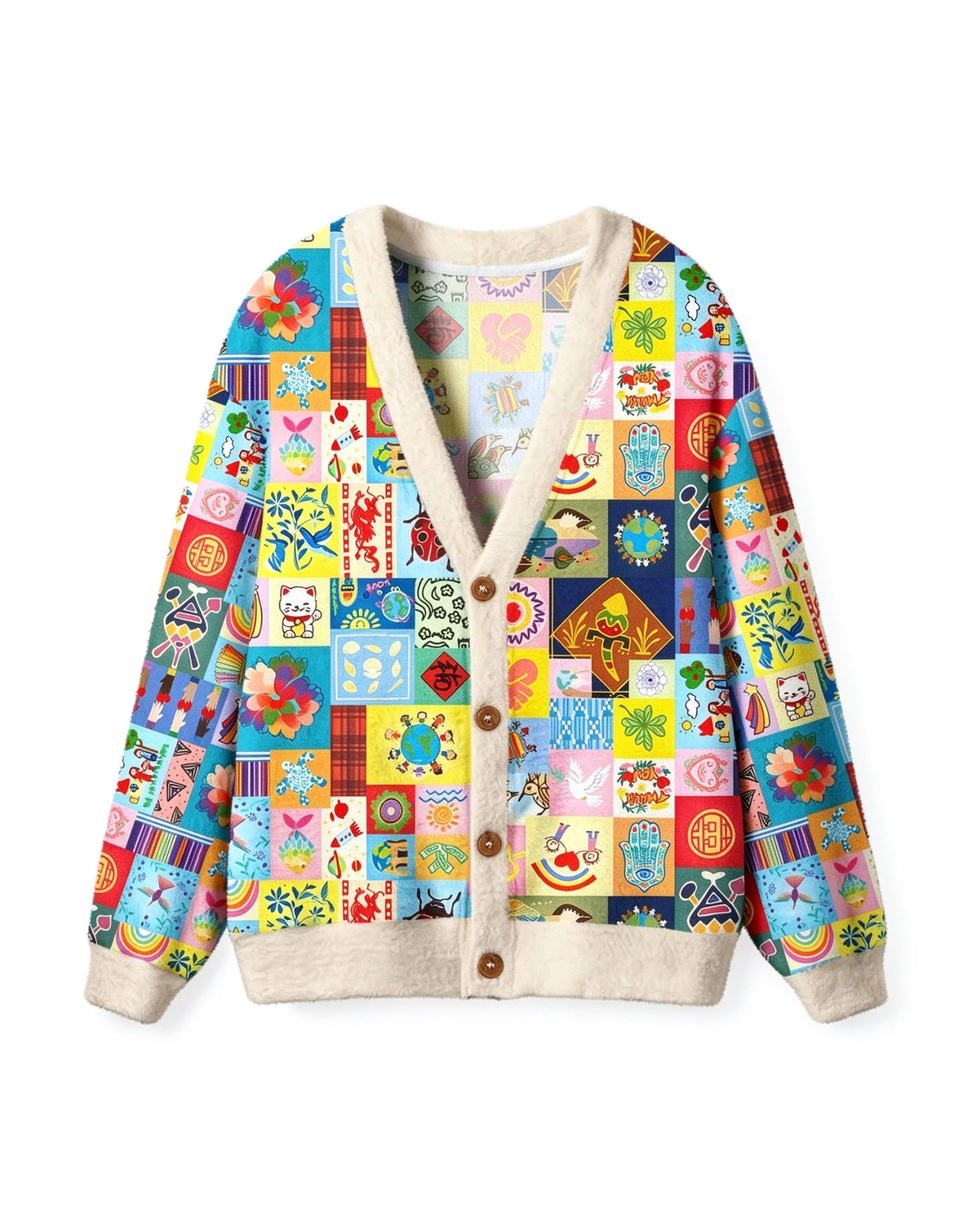 Global Folk Lucky Patchwork Collage Geek Ugly Cardigan Sweaters