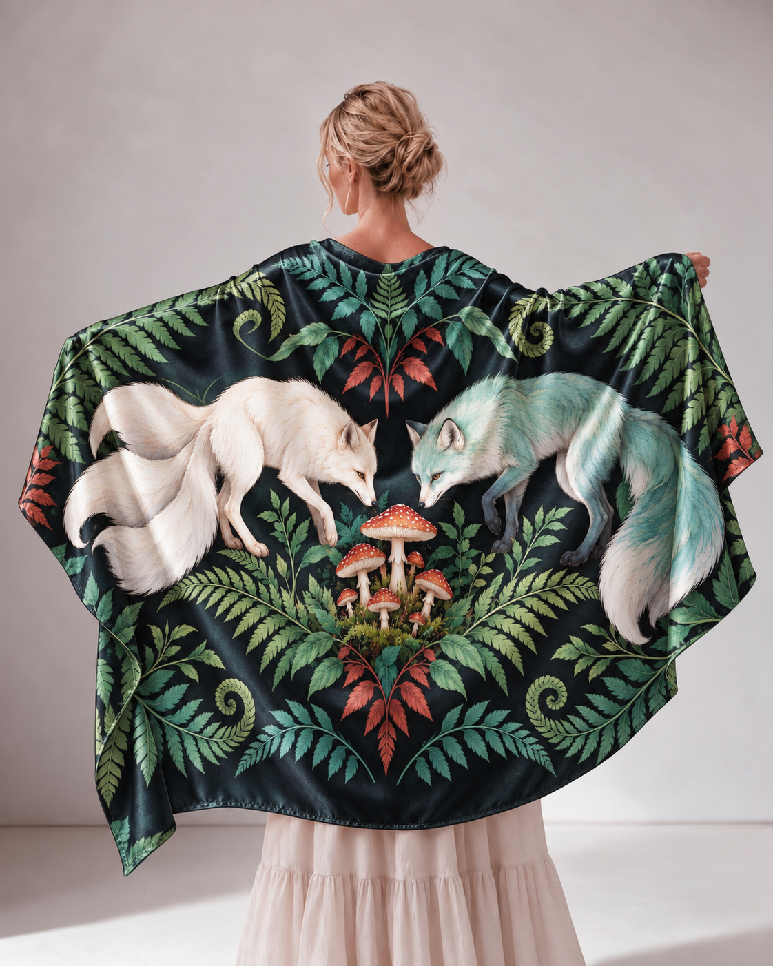 Forest Fox & Mushroom Satin Poncho Shawl
