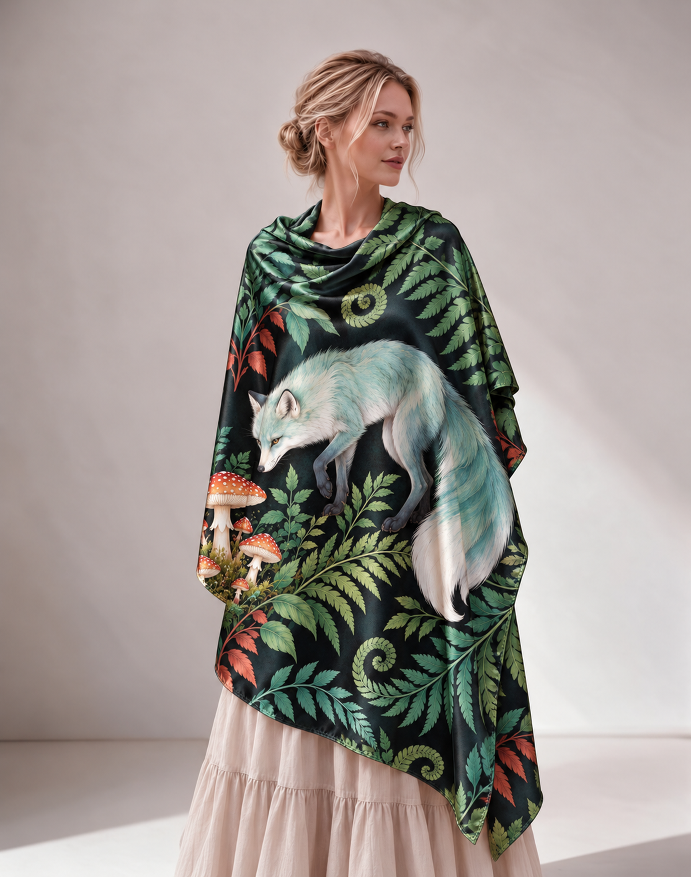 Forest Fox & Mushroom Satin Poncho Shawl