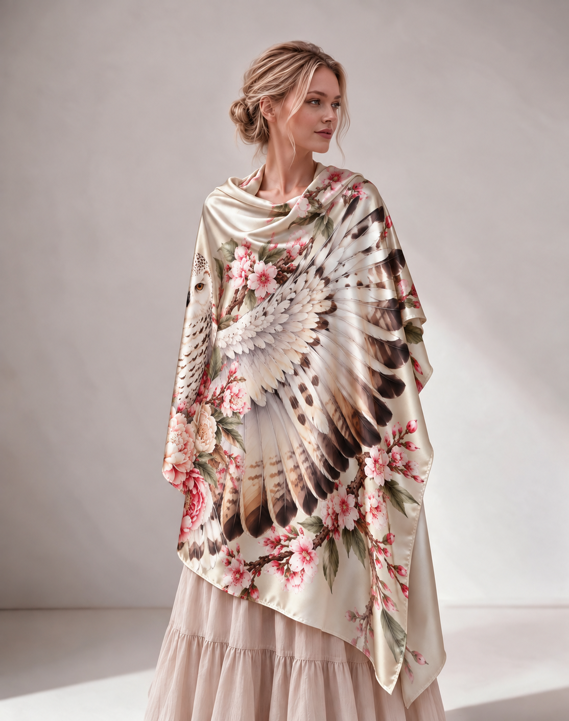 Floral Owl Wing Satin Wrap Shawl