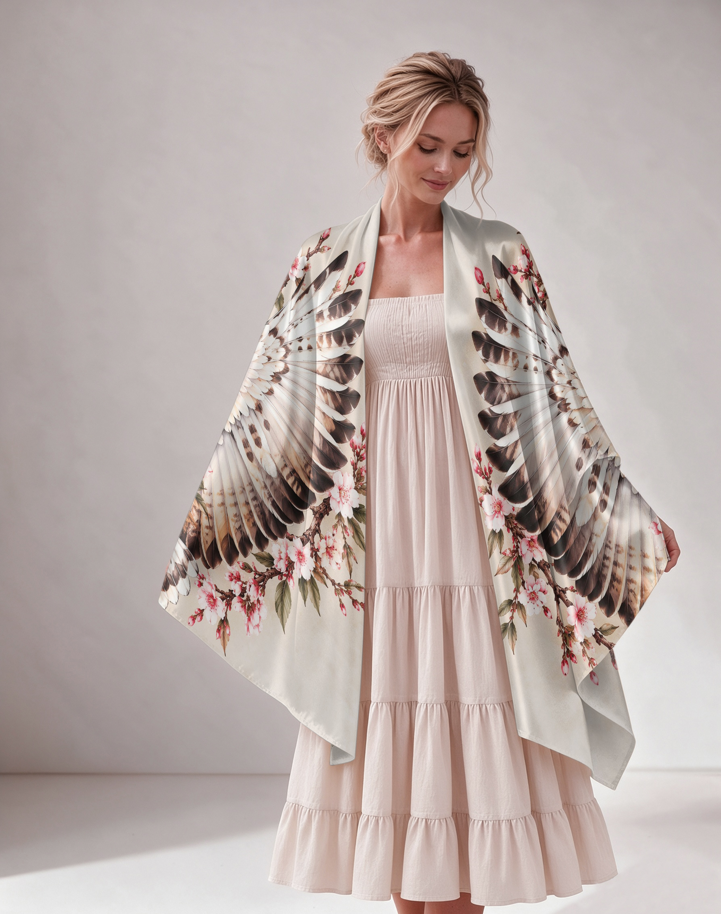Floral Owl Wing Satin Wrap Shawl