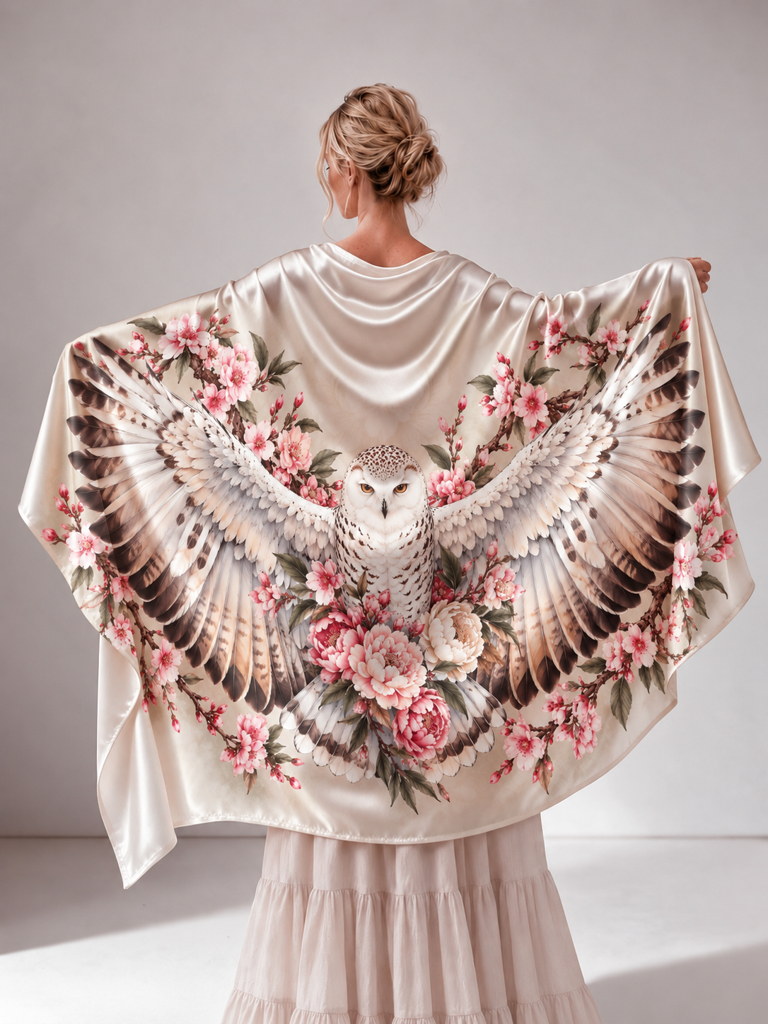 Floral Owl Wing Satin Wrap Shawl