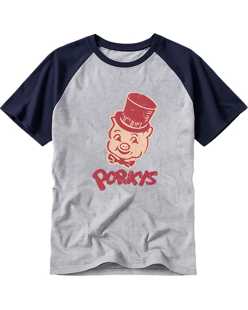 Retro Cartoon Pig Logo Cotton Raglan Tee