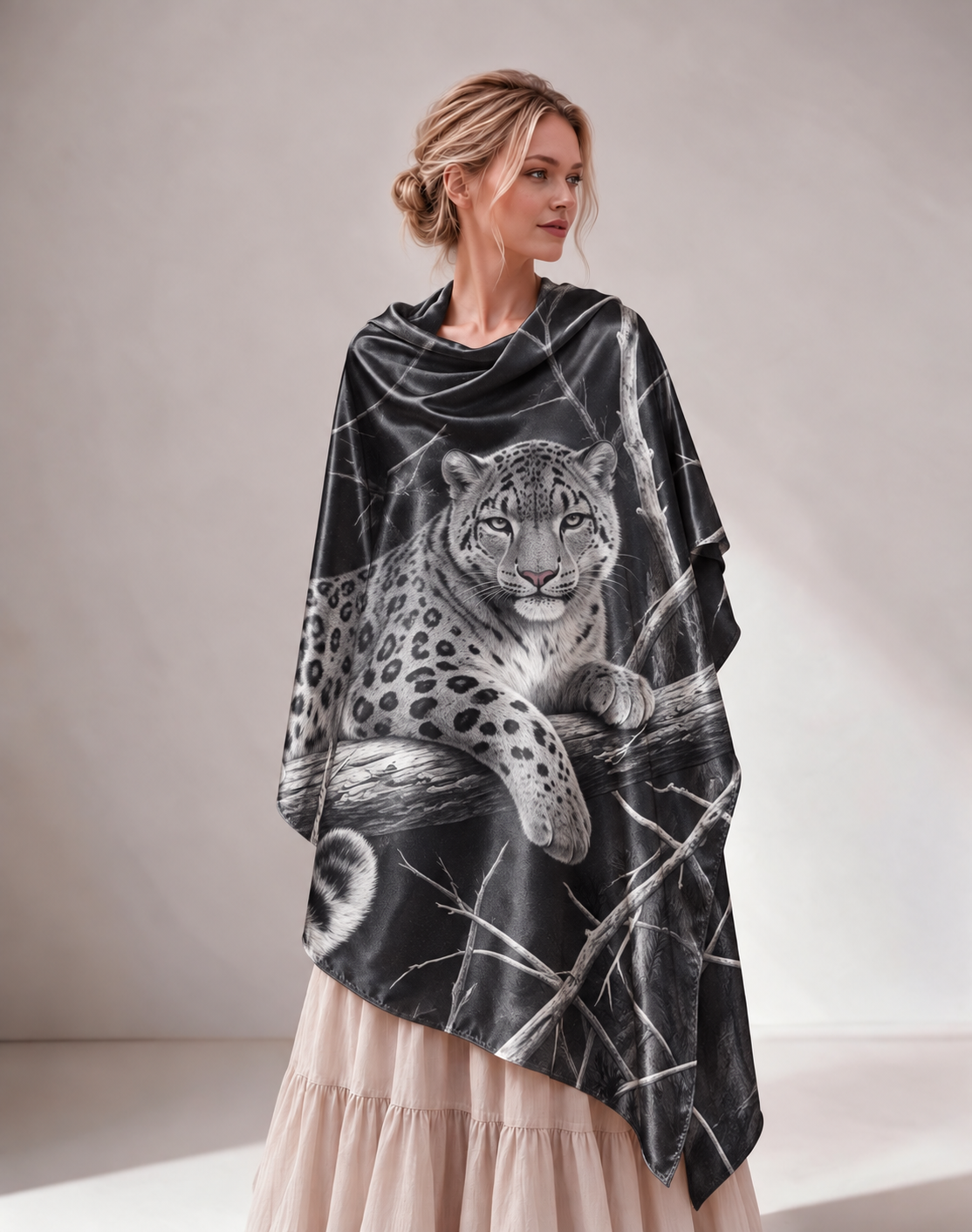 Monochrome Snow Leopard Print Women Shawl