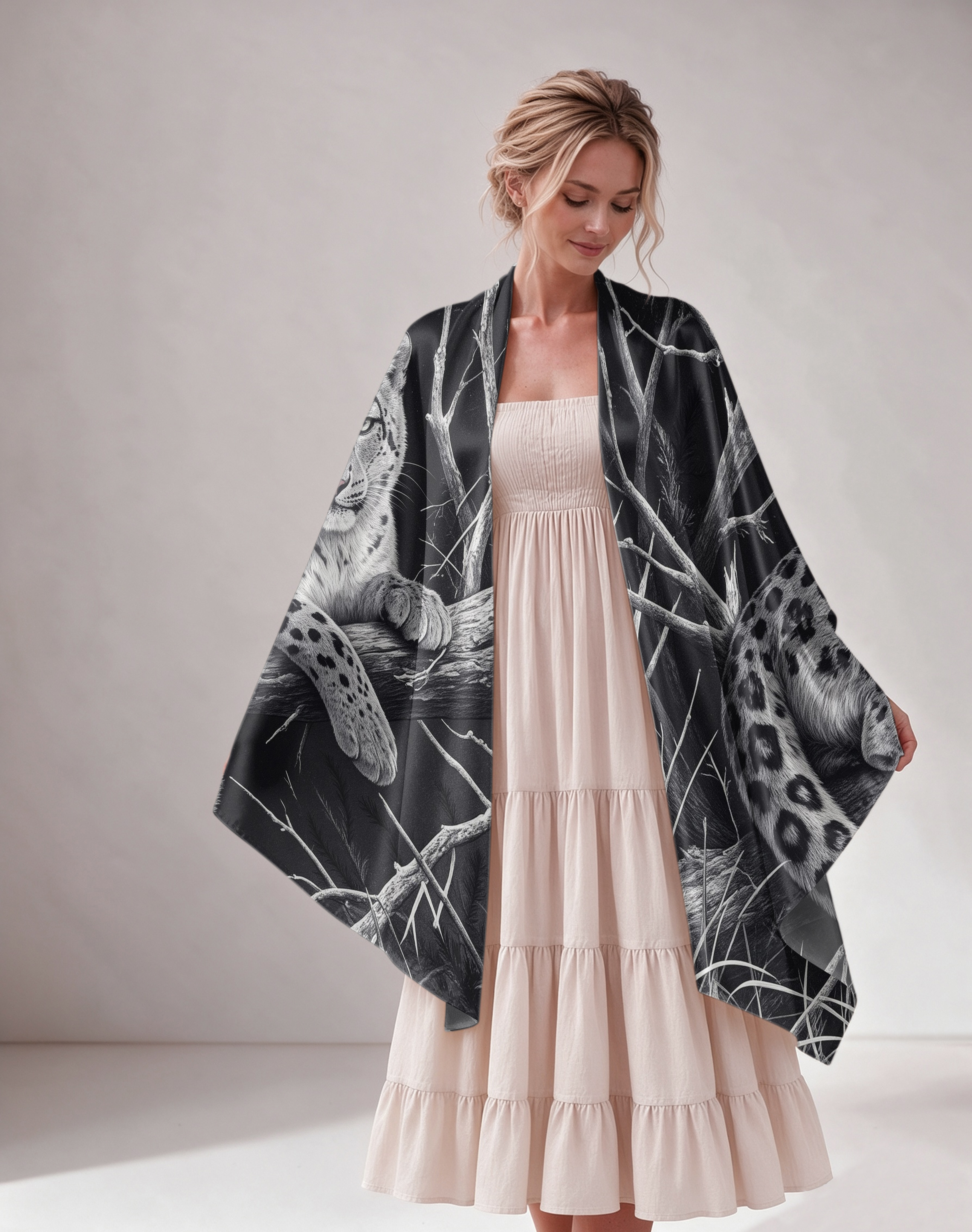 Monochrome Snow Leopard Print Women Shawl