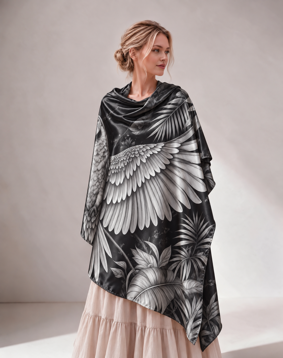Monochrome Bird Wing Tropical Satin Shawl