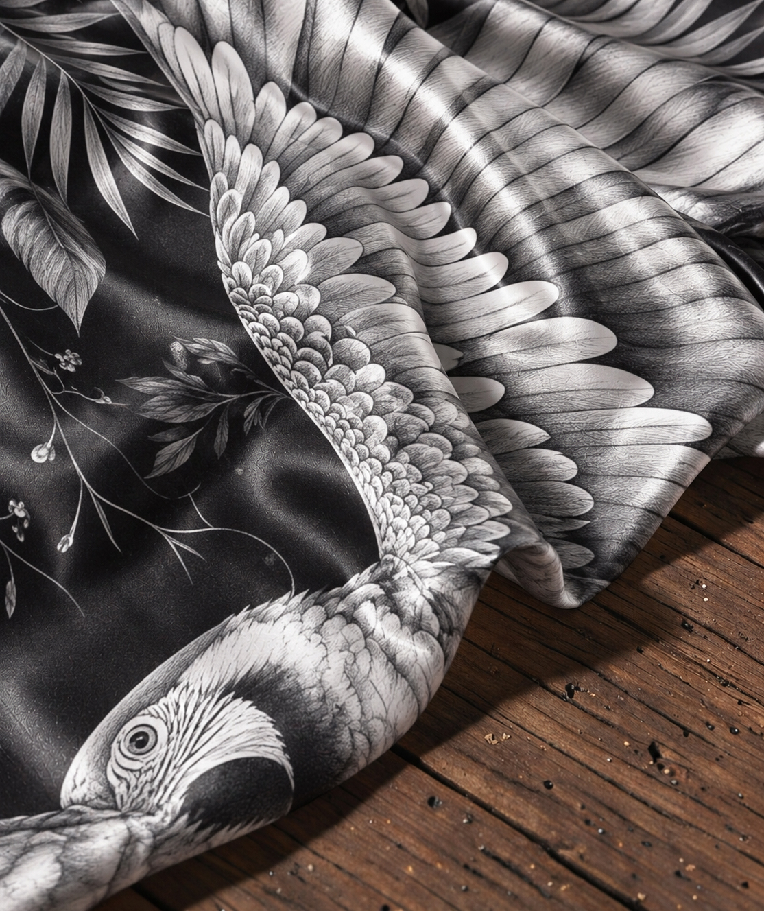 Monochrome Bird Wing Tropical Satin Shawl
