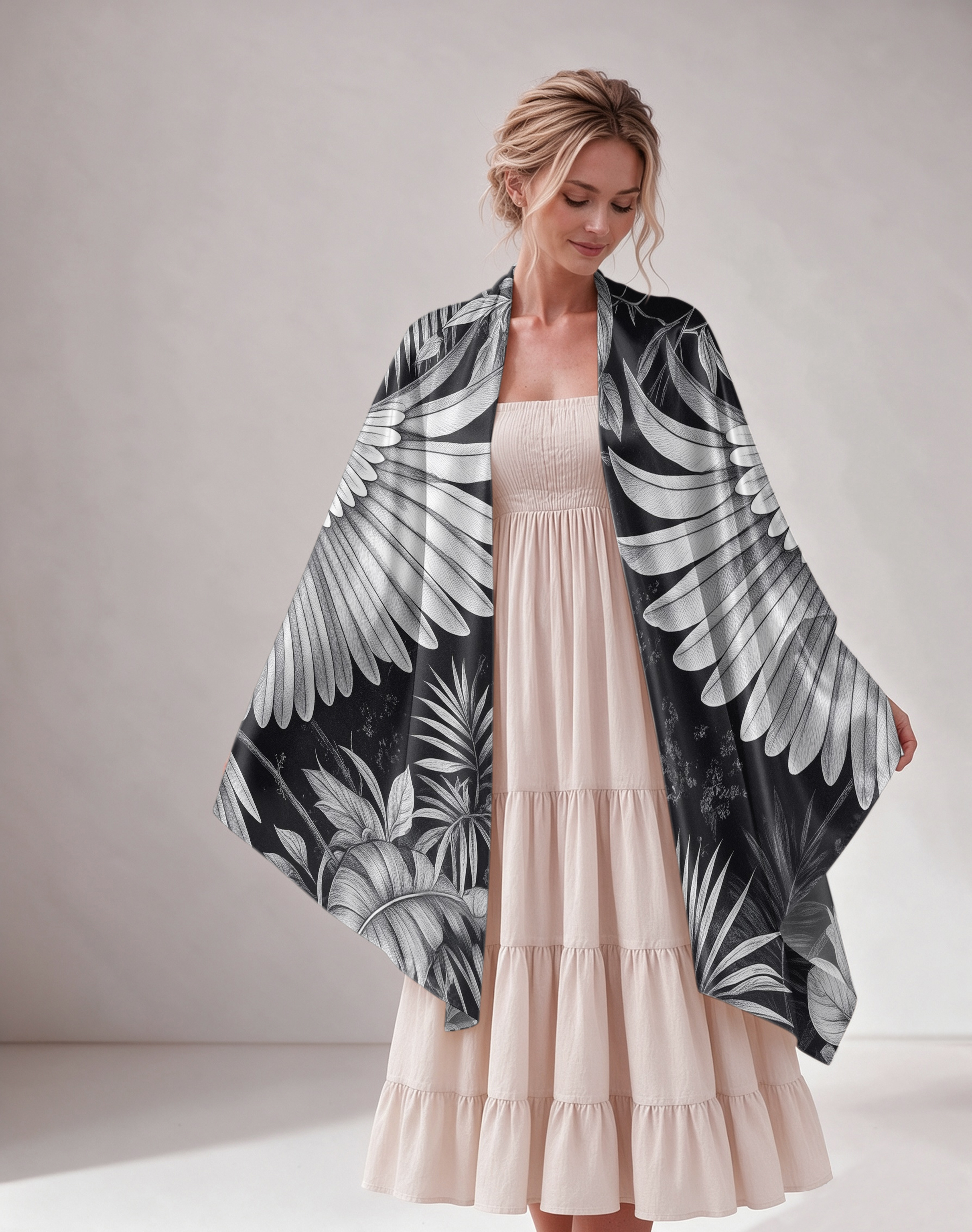 Monochrome Bird Wing Tropical Satin Shawl