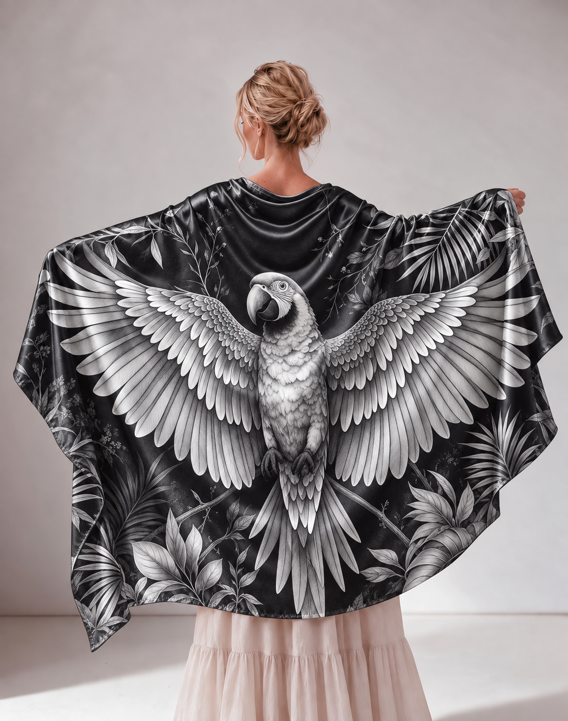 Monochrome Bird Wing Tropical Satin Shawl