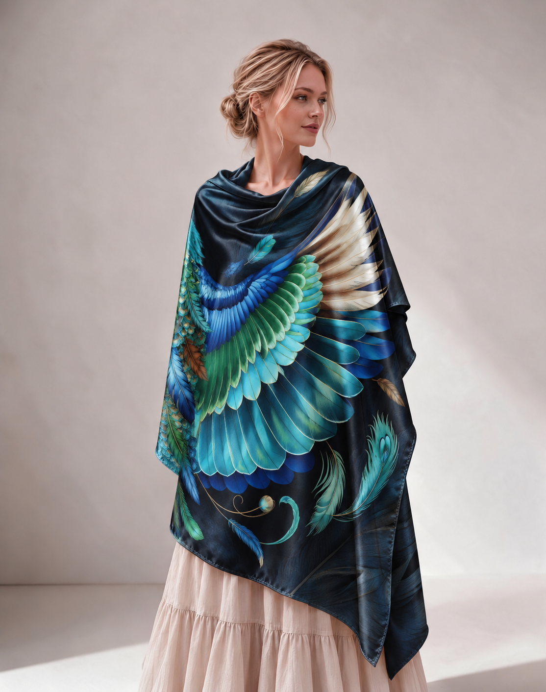 Peacock Wing Boho Satin Wrap Shawl
