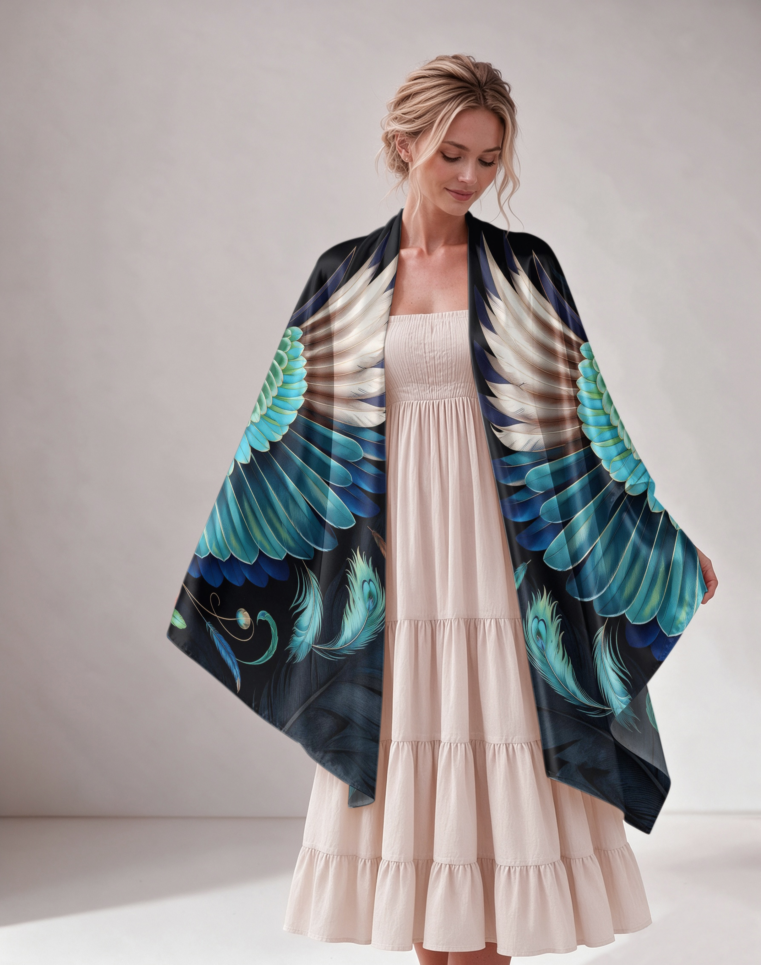 Peacock Wing Boho Satin Wrap Shawl