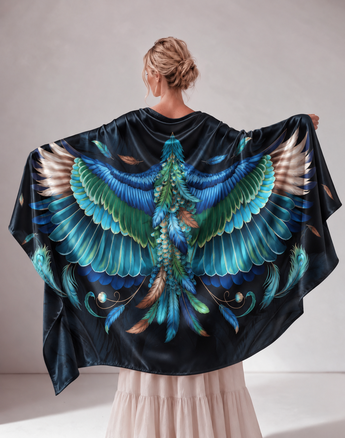Peacock Wing Boho Satin Wrap Shawl