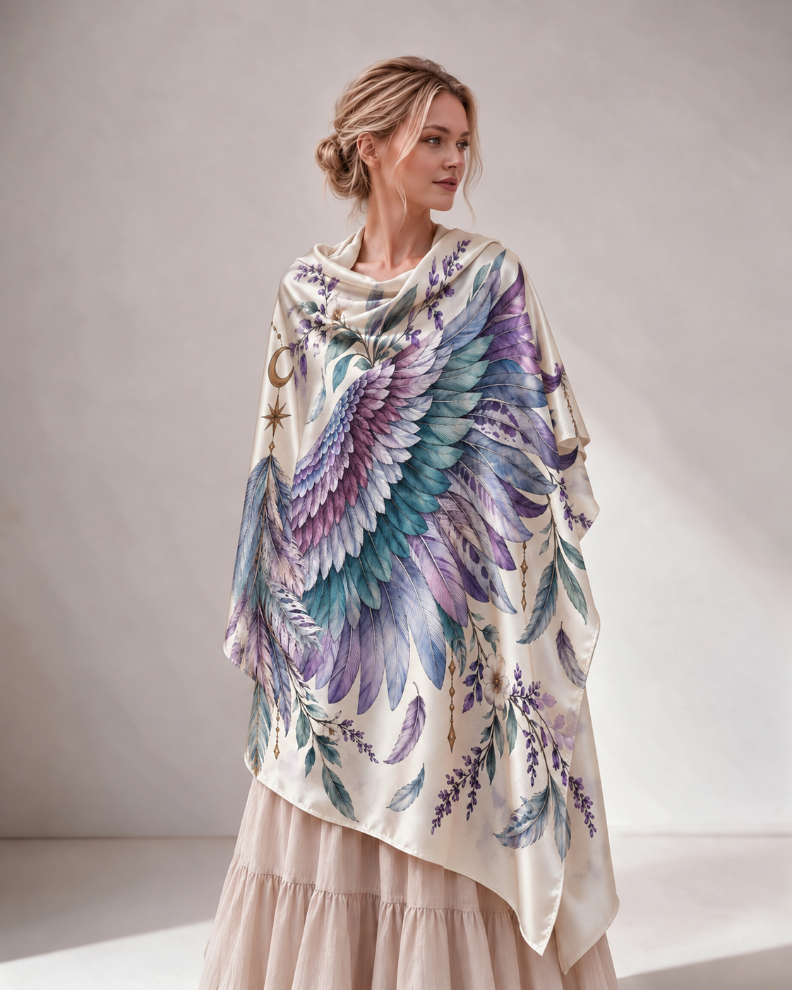 Boho Purple‑Lavender Wing Print Women Shawl