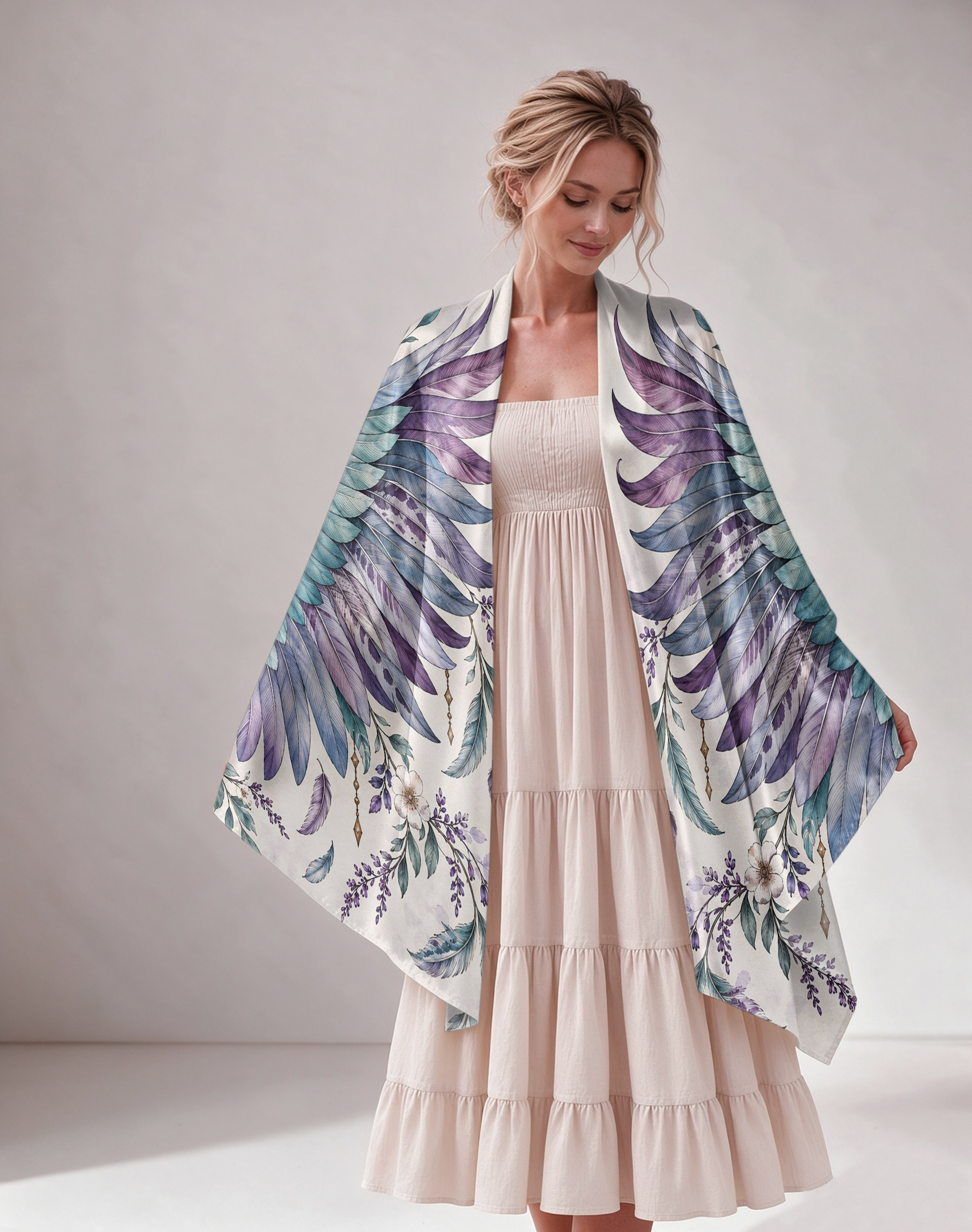 Boho Purple‑Lavender Wing Print Women Shawl