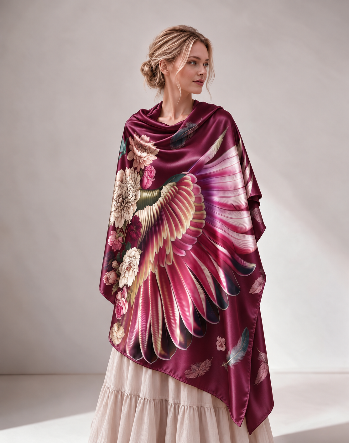 Burgundy Floral Wing Print Women Shawl
