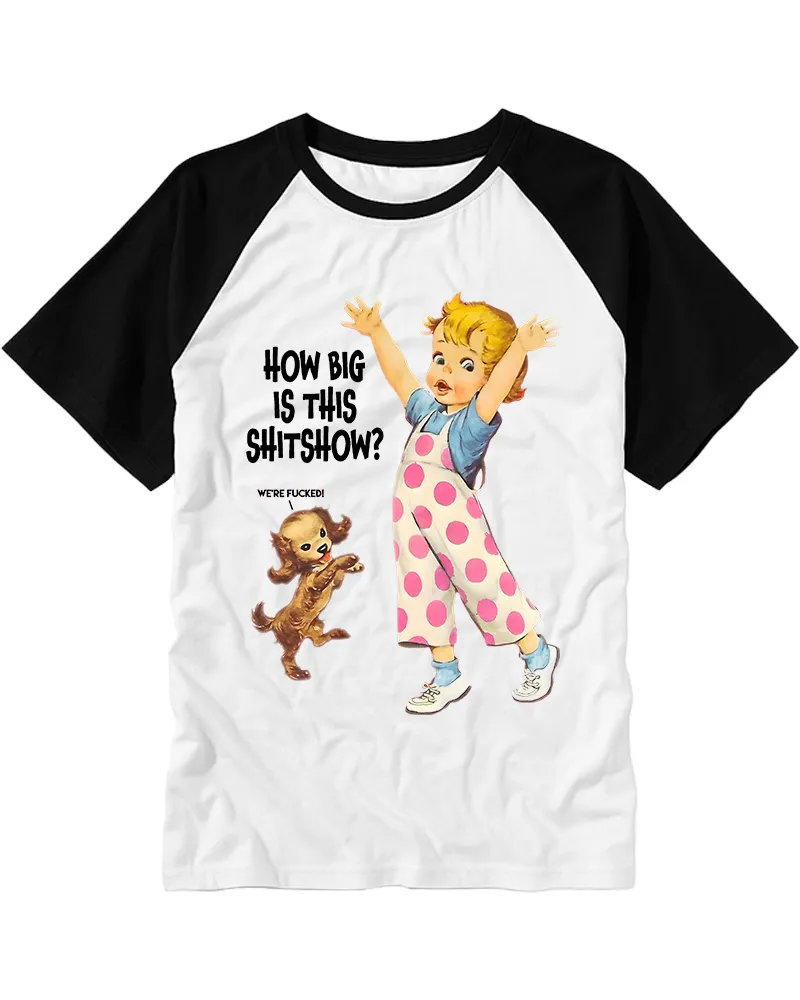 Retro Cartoon Kid Puppy Print Cotton Raglan Tee
