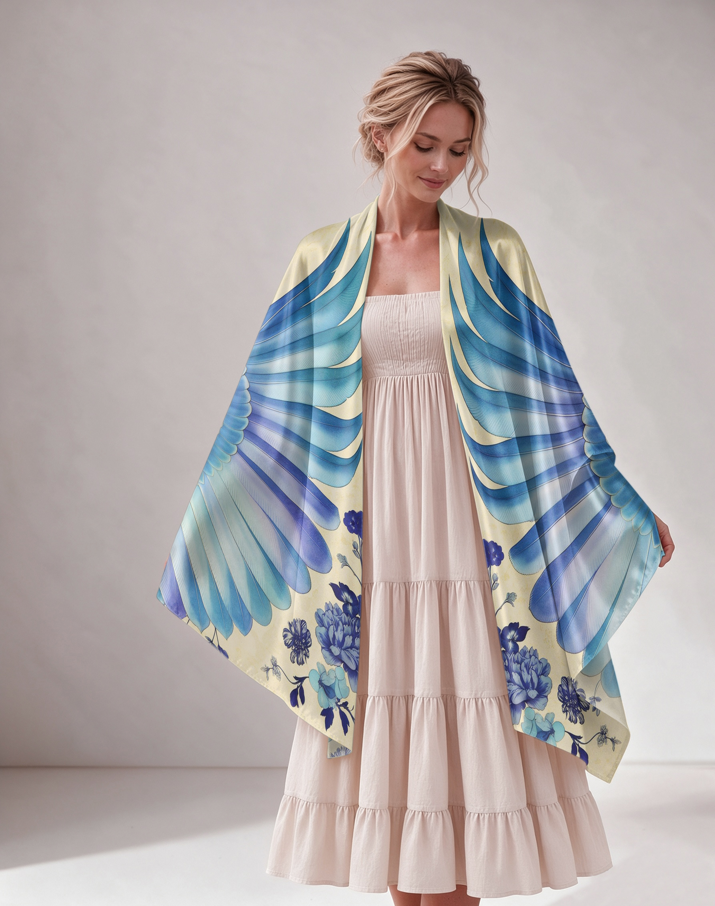 Blue‑Porcelain Wing Floral Print Women Shawl