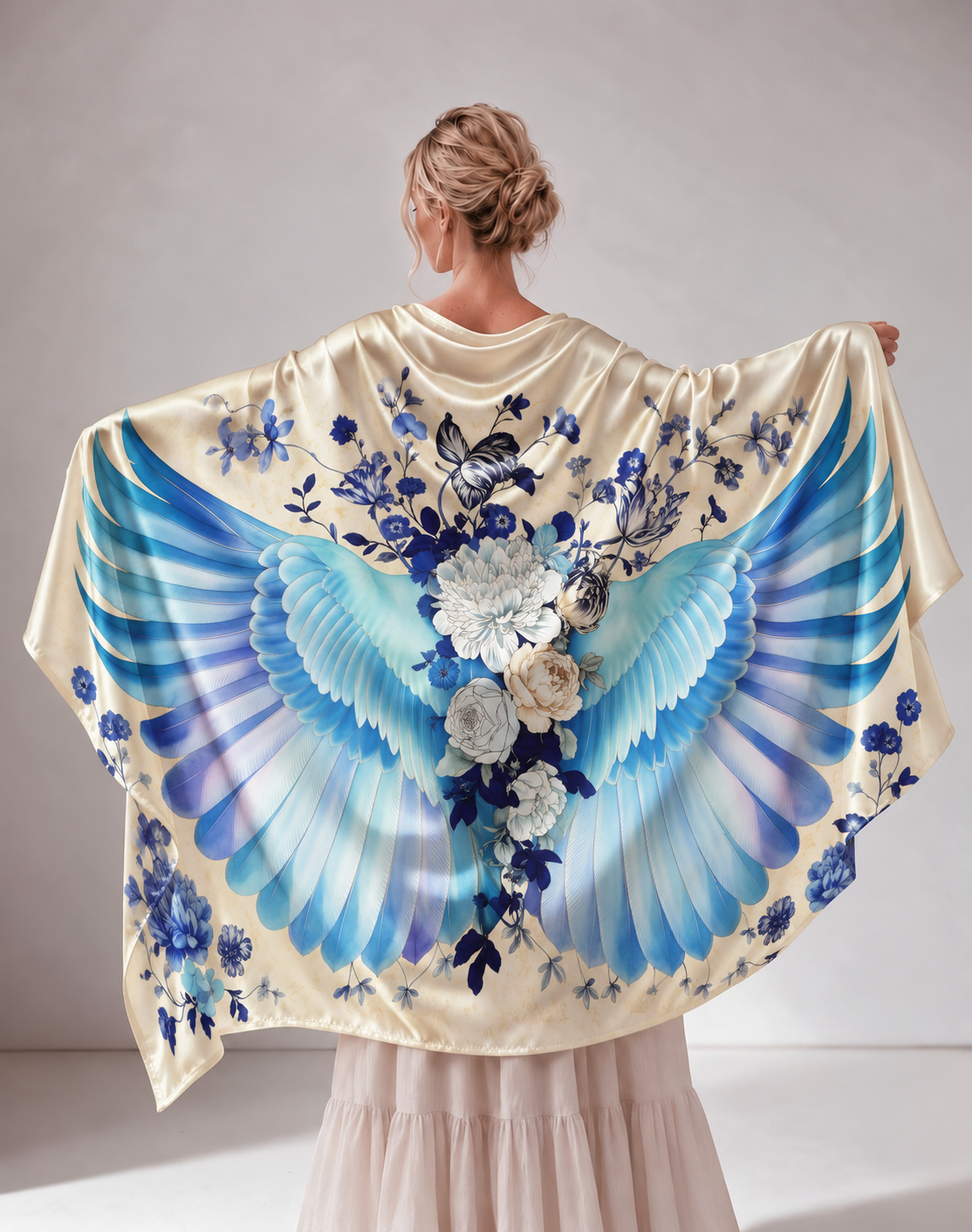 Blue‑Porcelain Wing Floral Print Women Shawl