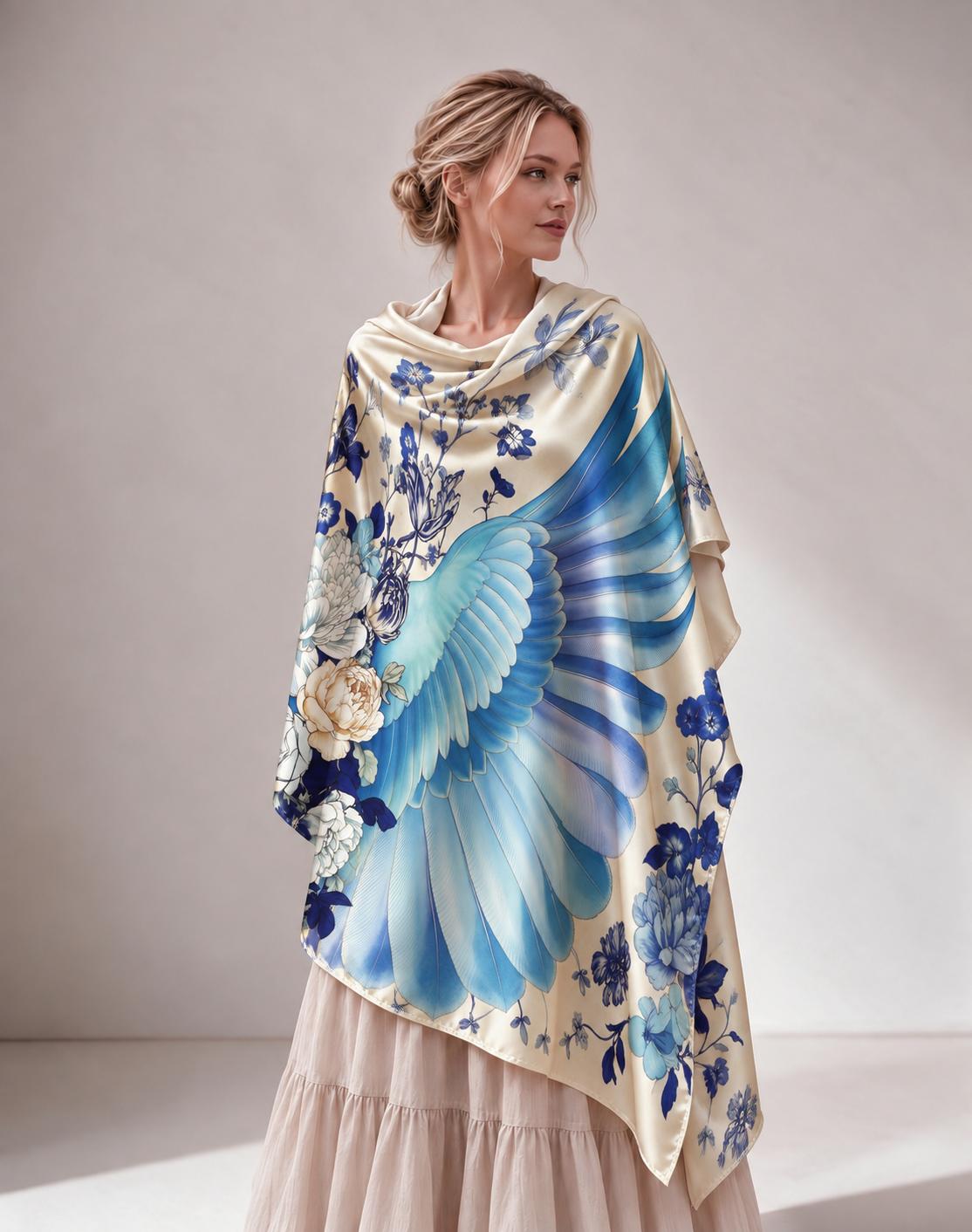 Blue‑Porcelain Wing Floral Print Women Shawl