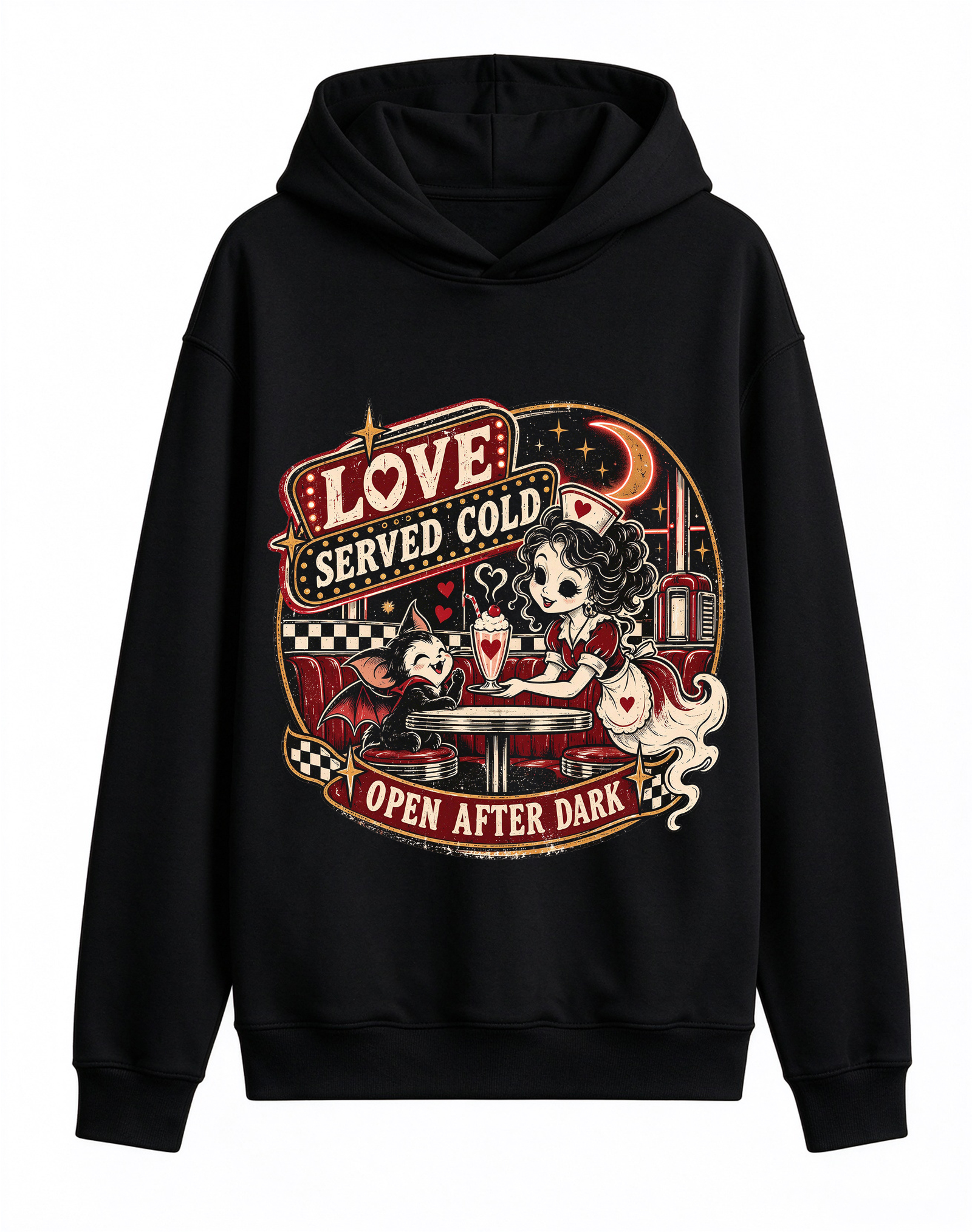 Retro Gothic Diner Halloween Hoodie, Love Served Cold Bat Kitten Dark Romance Front Print Hooded Sweatshirt