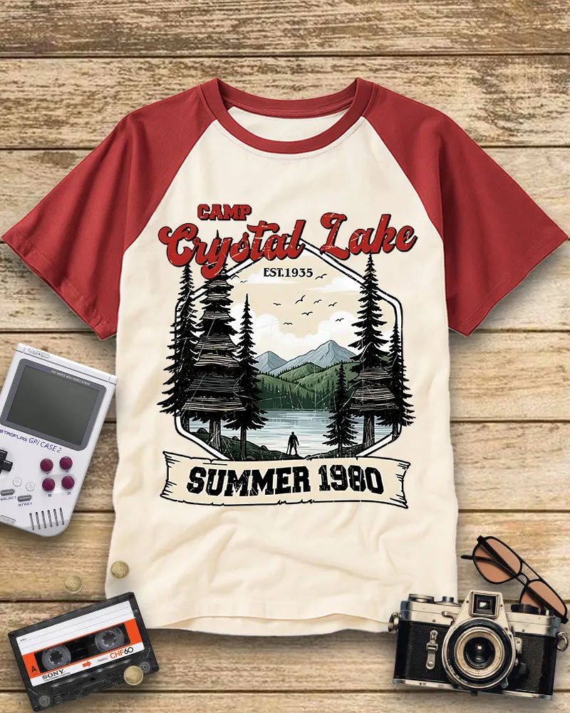 Vintage Lake Camp Scene Horror Raglan Tee