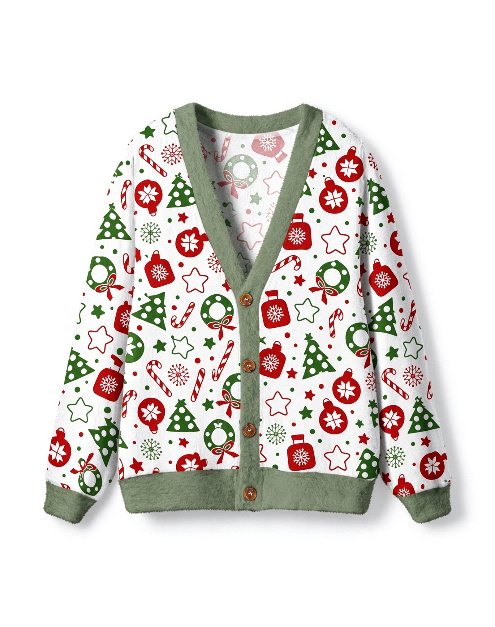 Christmas Fleece Cardigan for Women, Ugly Christmas Sweater V-Neck Button Down Open Front Jacket with Xmas Ornament Tree Wreath Candy Cane Print, Festive Holiday Winter Warm Soft Outwear