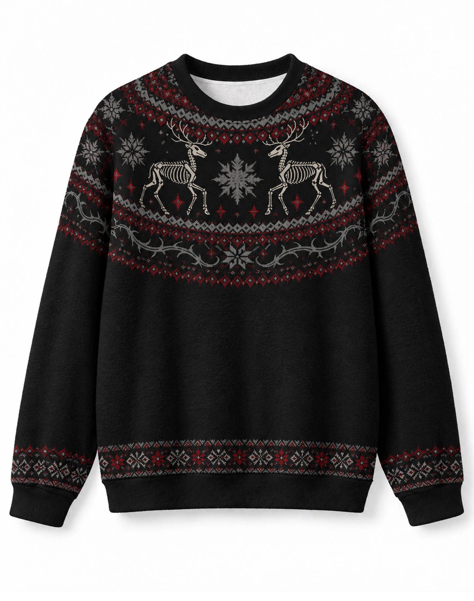 Black Fair Isle Gothic Skeleton Reindeer Crew Neck Sweater