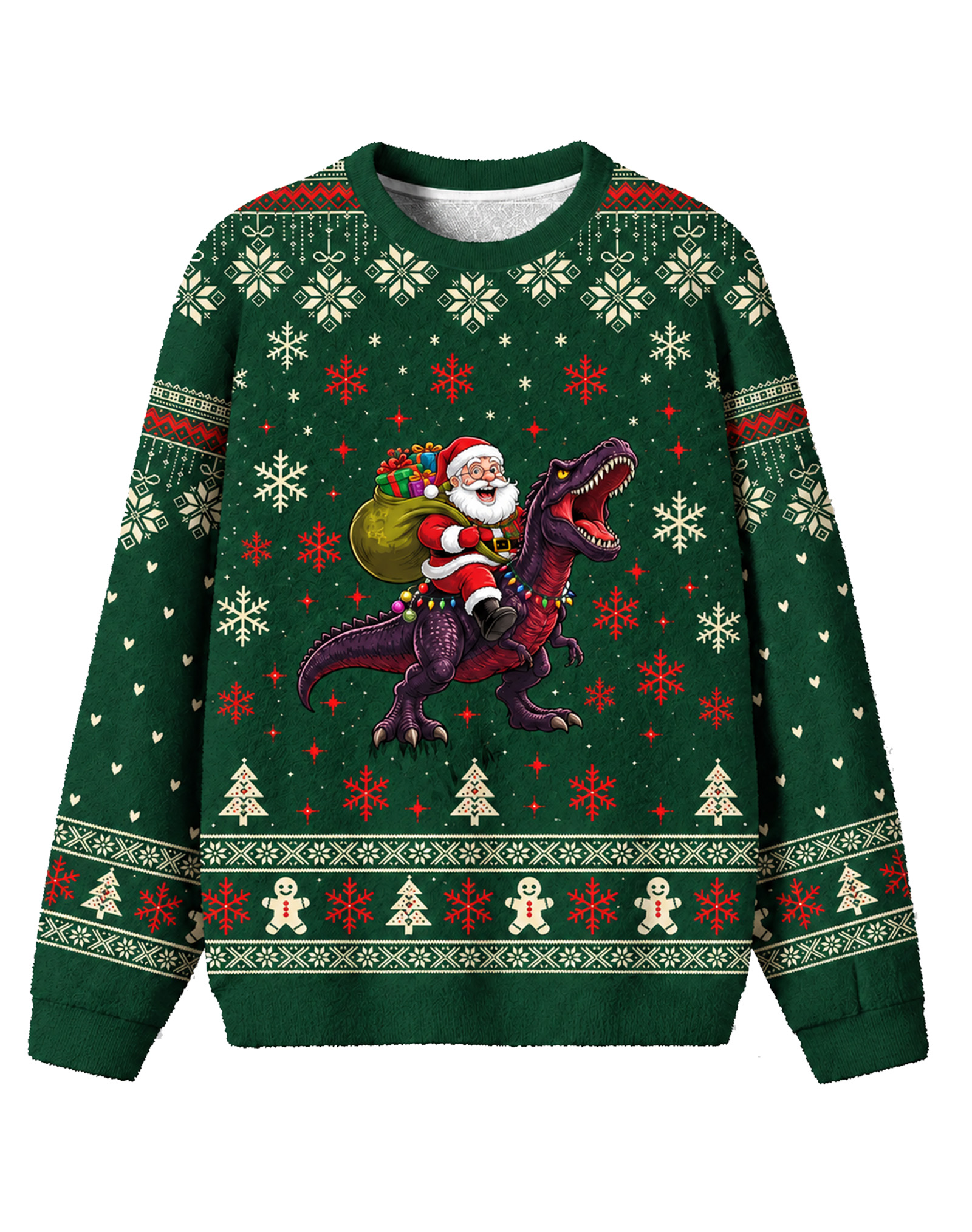 Funny Santa & T-Rex Christmas Sweater Snowflake Gingerbread Sweater