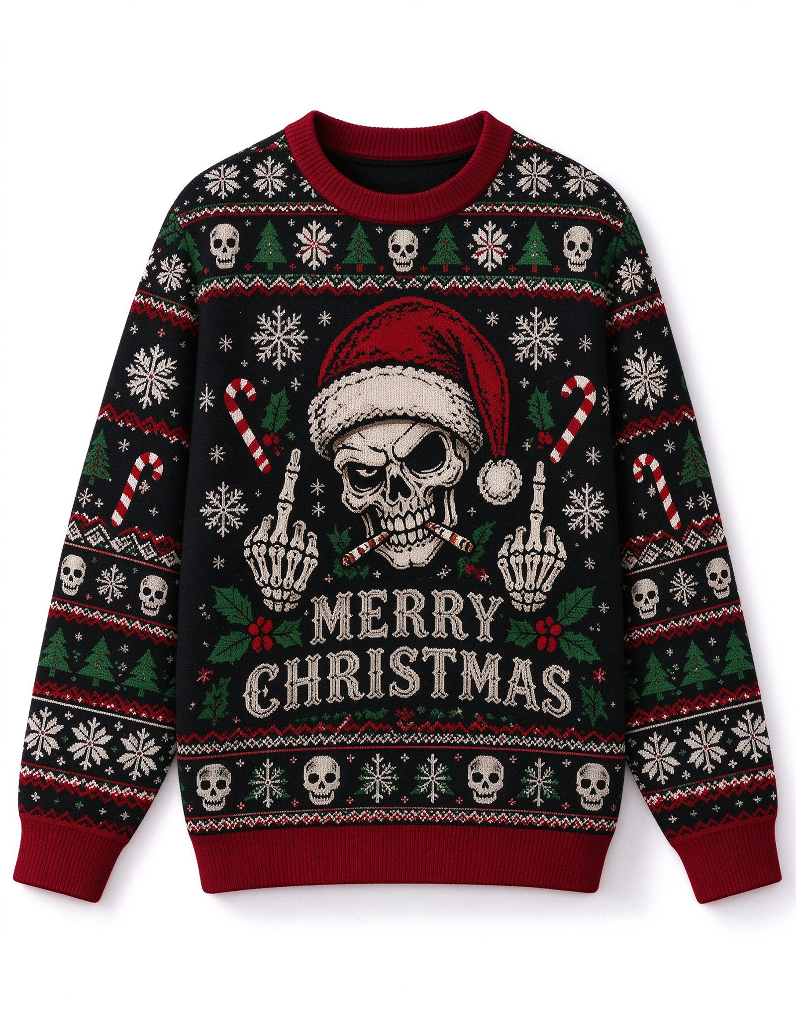 MERRY CHRISTMAS Skeleton Santa Middle Finger Graphic Crew Neck Sweater, Christmas Long Sleeve Pullover