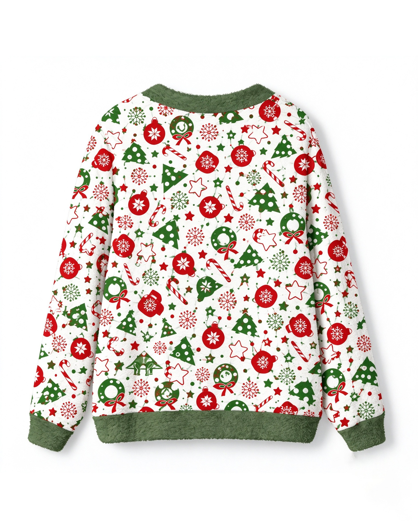 Christmas Fleece Cardigan for Women, Ugly Christmas Sweater V-Neck Button Down Open Front Jacket with Xmas Ornament Tree Wreath Candy Cane Print, Festive Holiday Winter Warm Soft Outwear