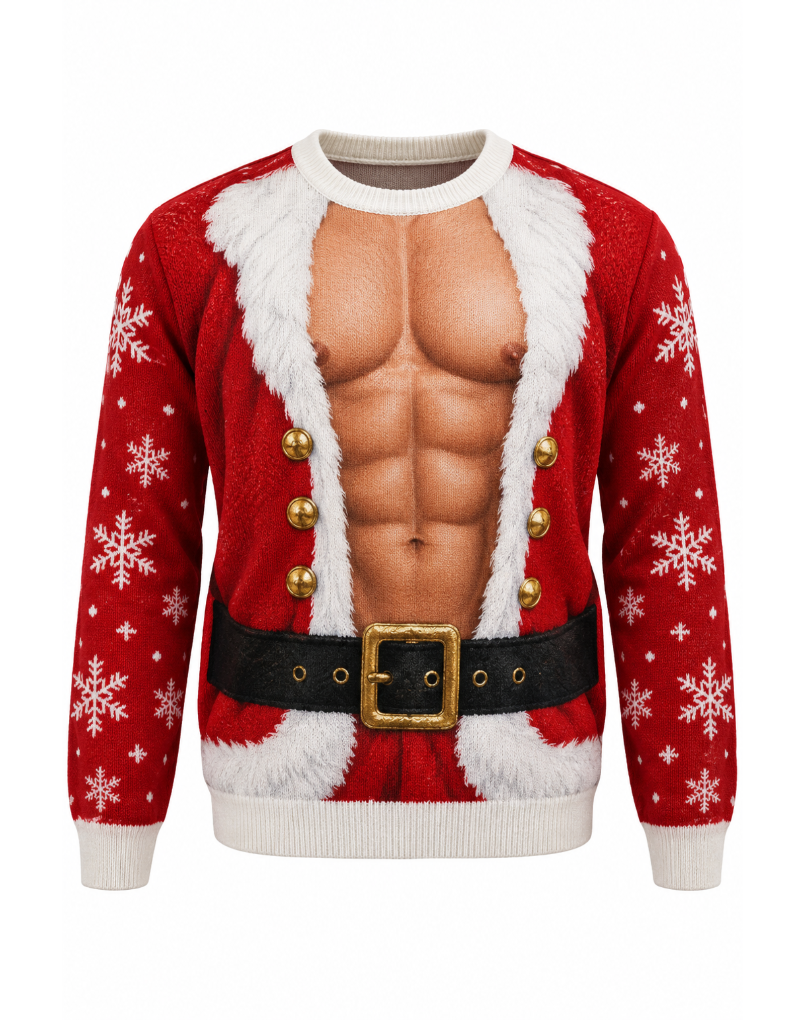 Red novelty Christmas sweater with fake muscular Santa print and snowflake pattern