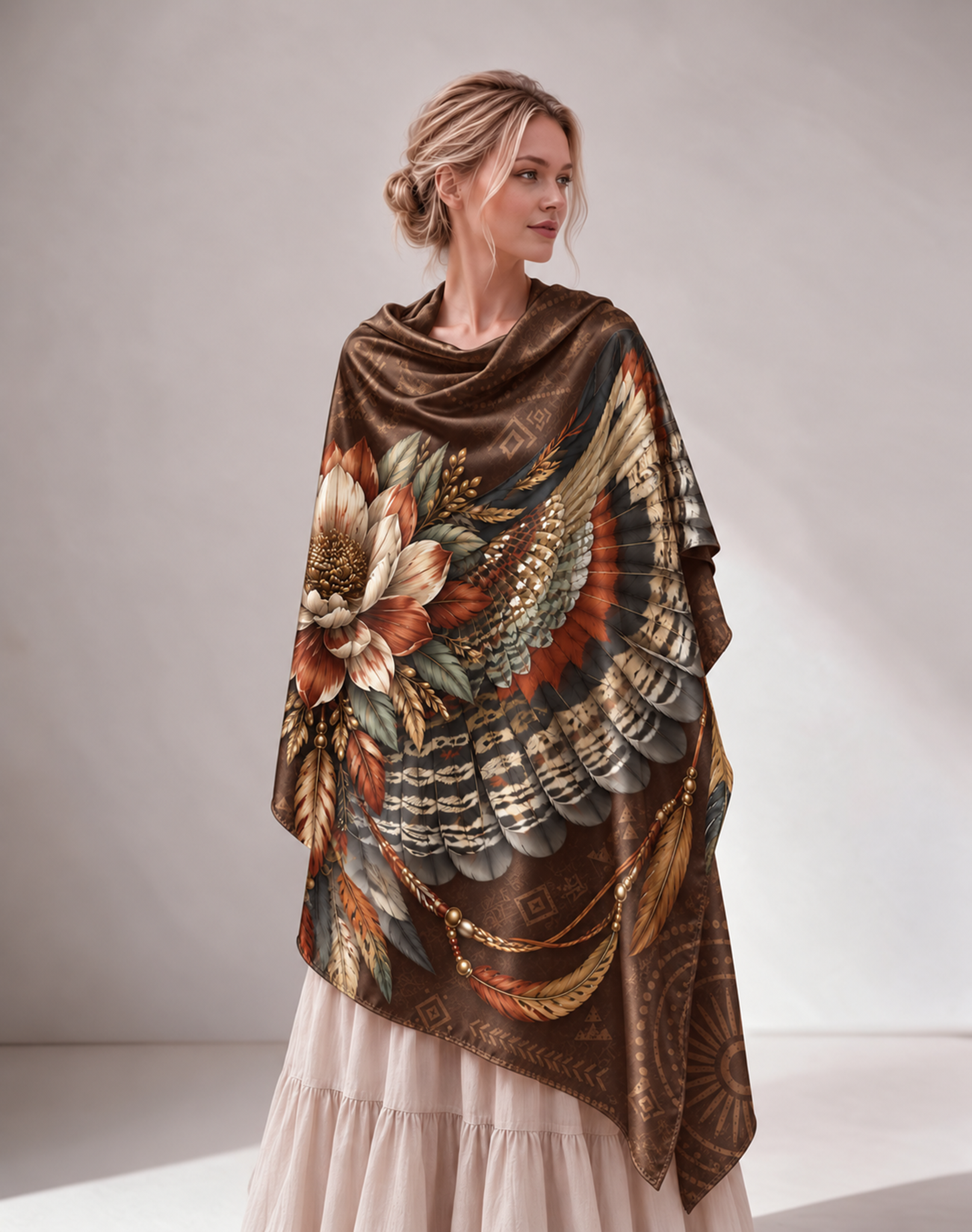 Vintage Eagle & Floral Print Women Shawl