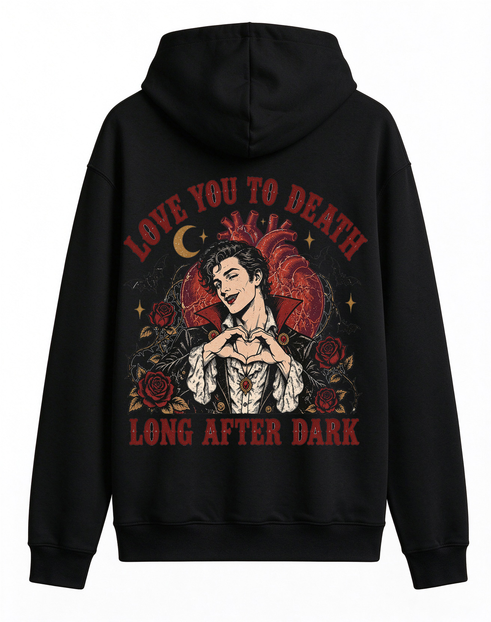 Retro Gothic Vampire Hoodie, Love You To Death Dark Romance Halloween Back Print Hooded Sweatshirt