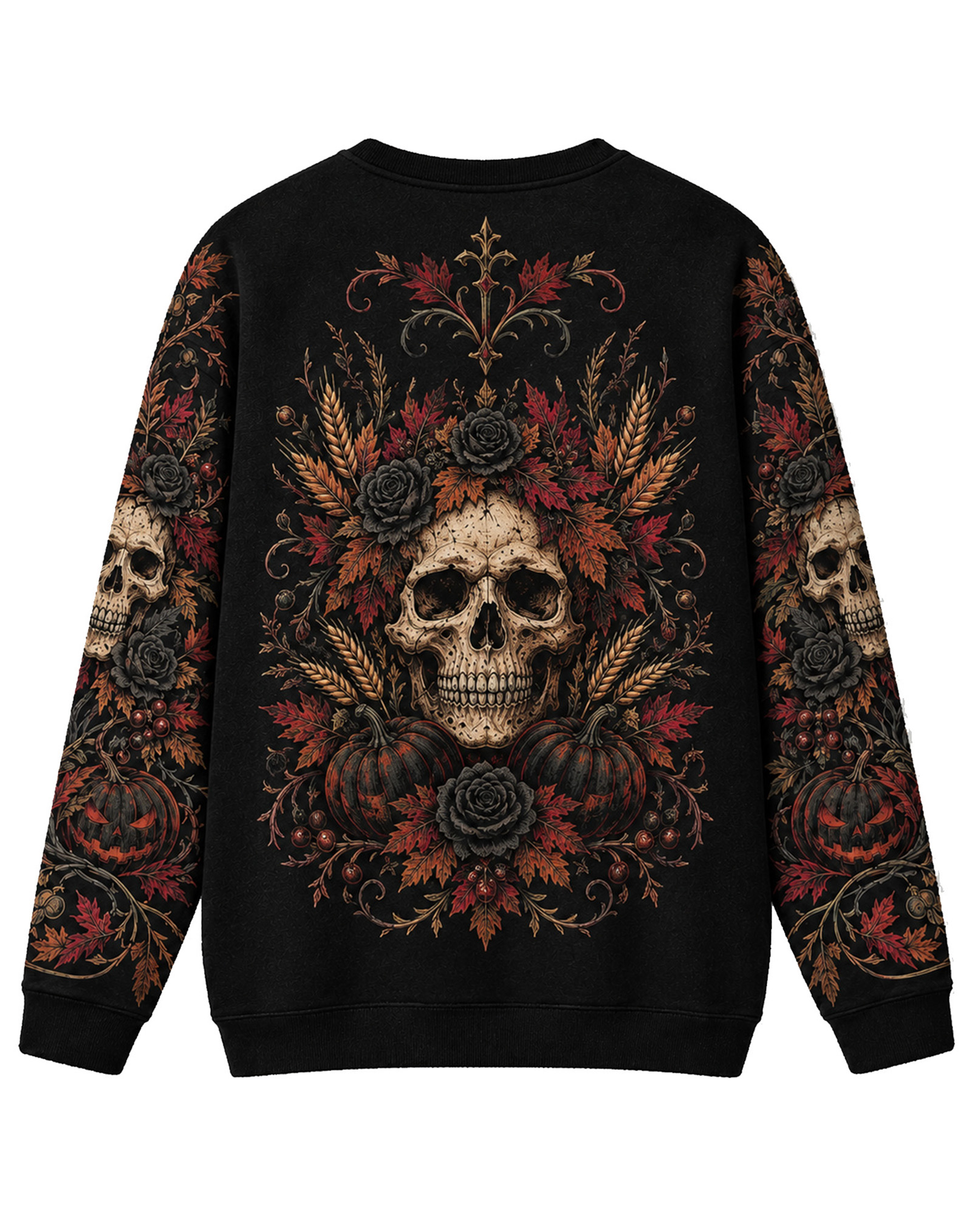 Vintage Fall Goth Skull Rose Pumpkin Crew Neck Sweater