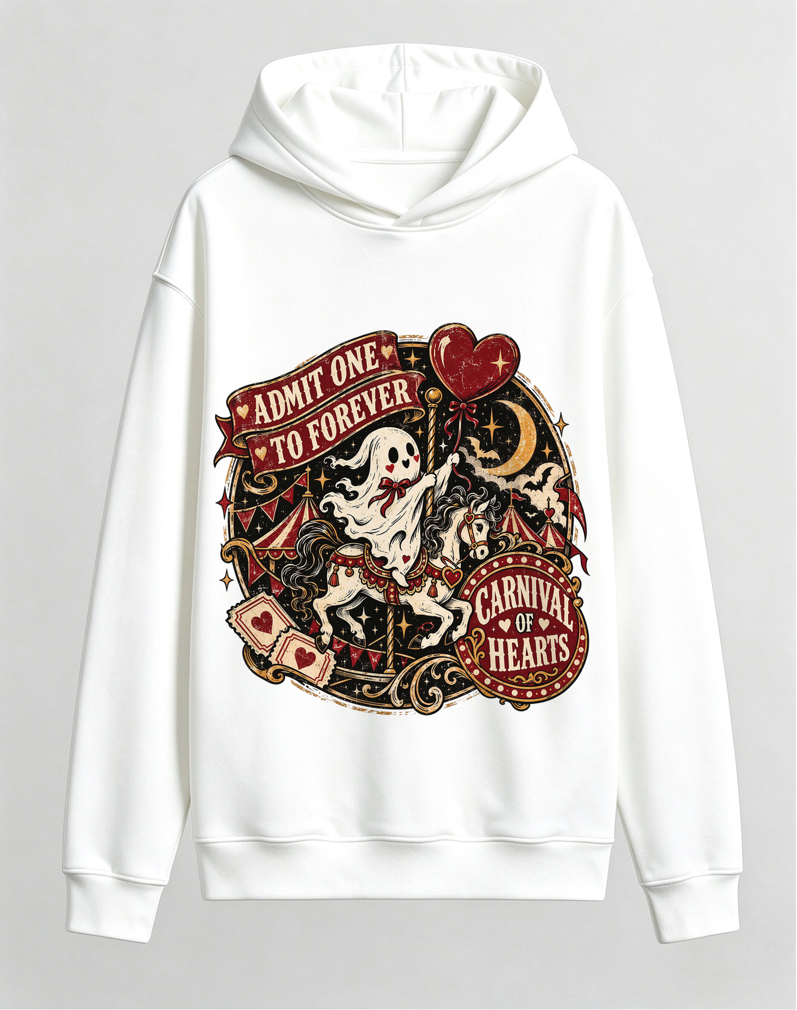 Retro Gothic Carnival Of Hearts Hoodie, Ghost on Carousel Dark Romance Halloween Front Print Hooded Sweatshirt