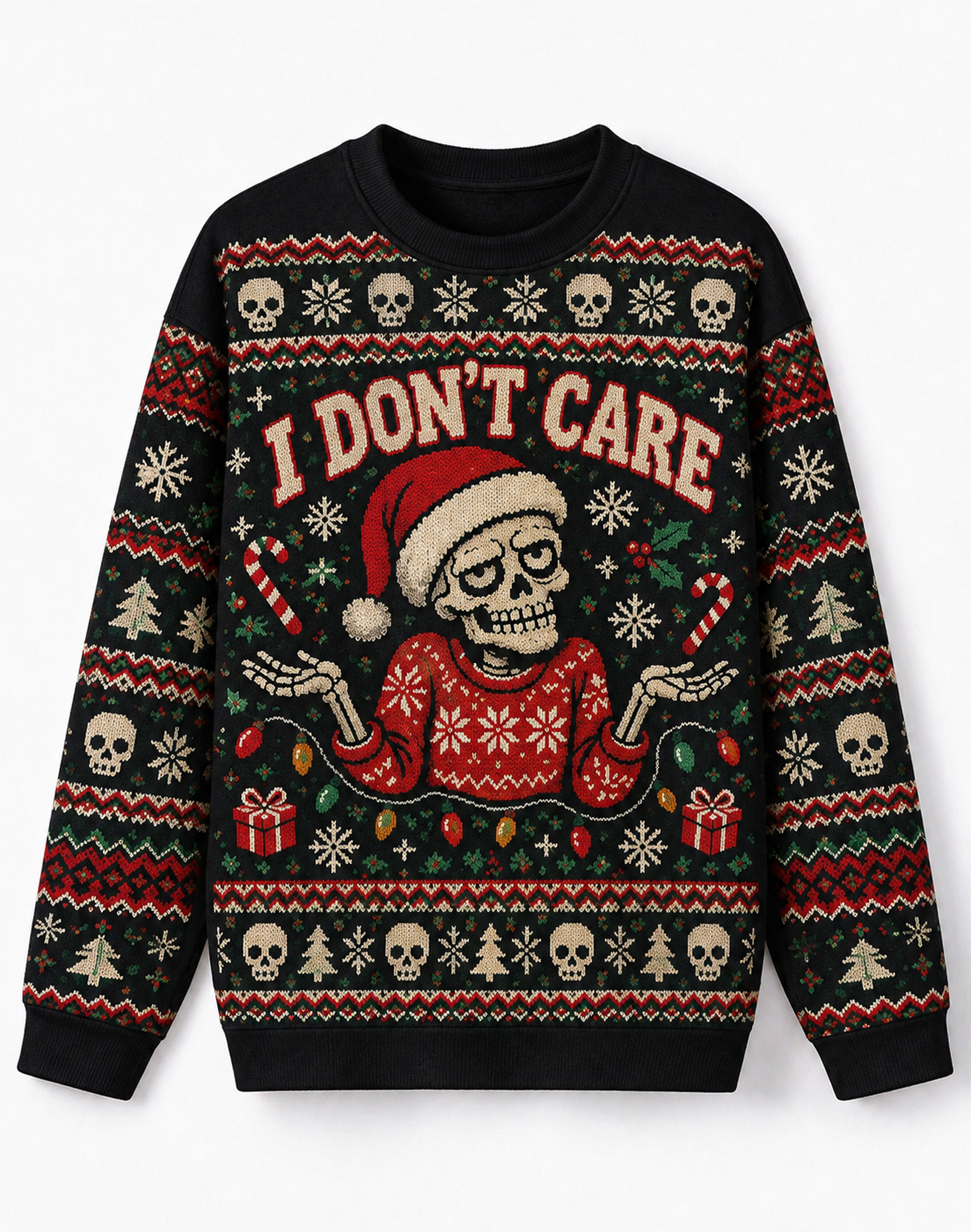 Festive Christmas Pullover, Vintage Fair Isle Knit Style Skeleton Santa Crew Neck Long Sleeve Sweater
