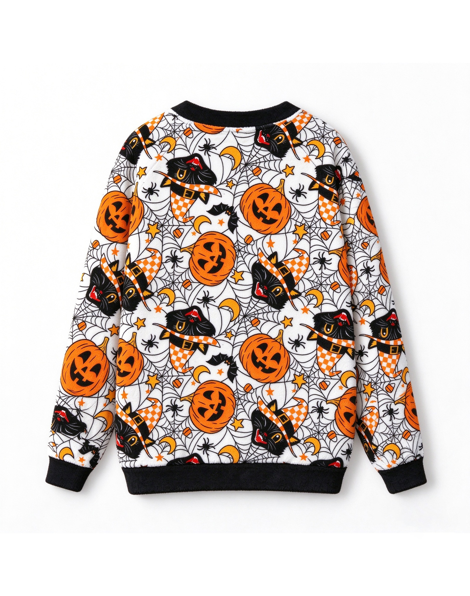 Halloween Black Cat Pumpkin Fleece Cardigan, V-Neck Witch Hat Spiderweb Sweater Jacket
