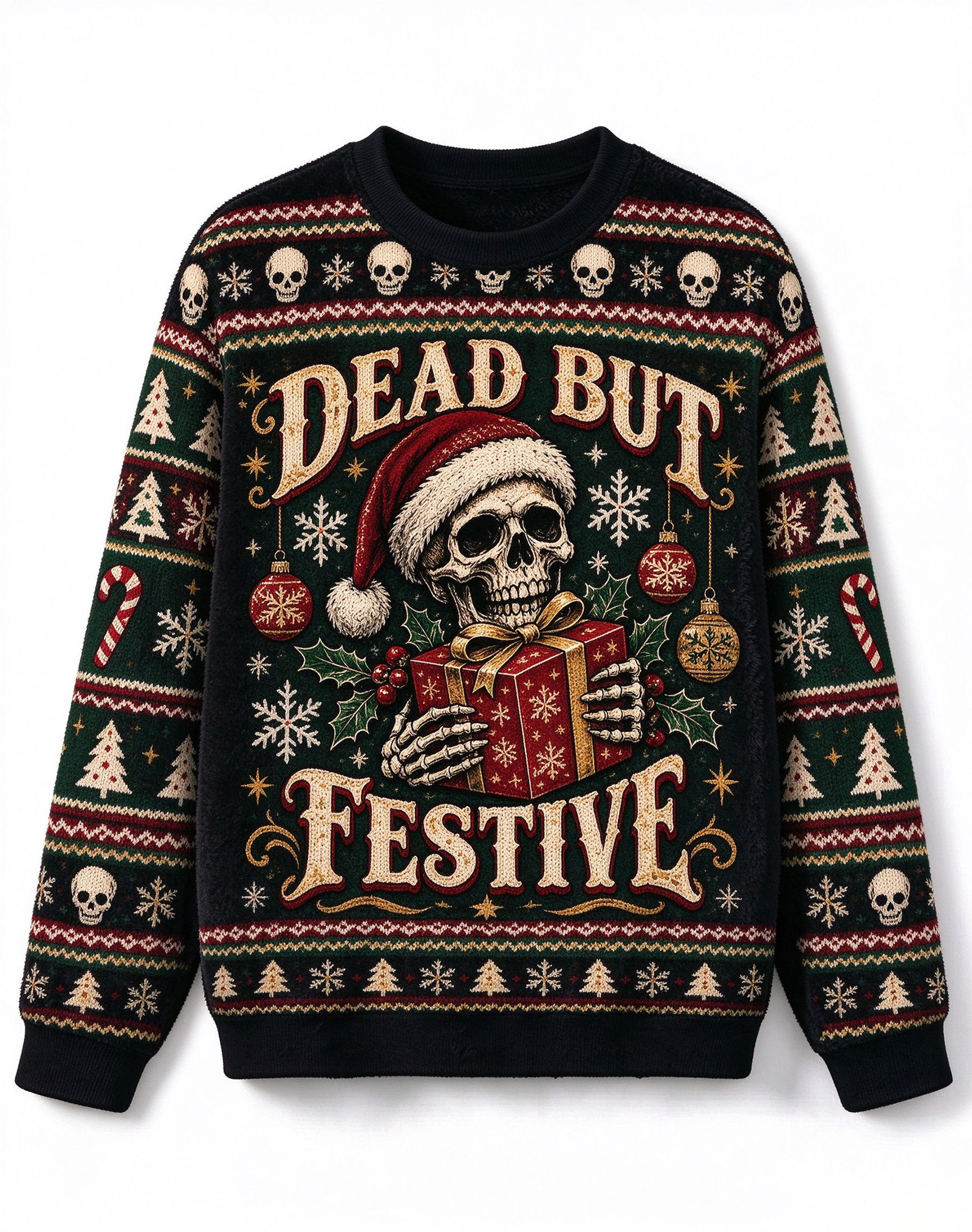 DEAD BUT FESTIVE Skeleton Santa Crew Neck Sweater, Christmas Long Sleeve Pullover