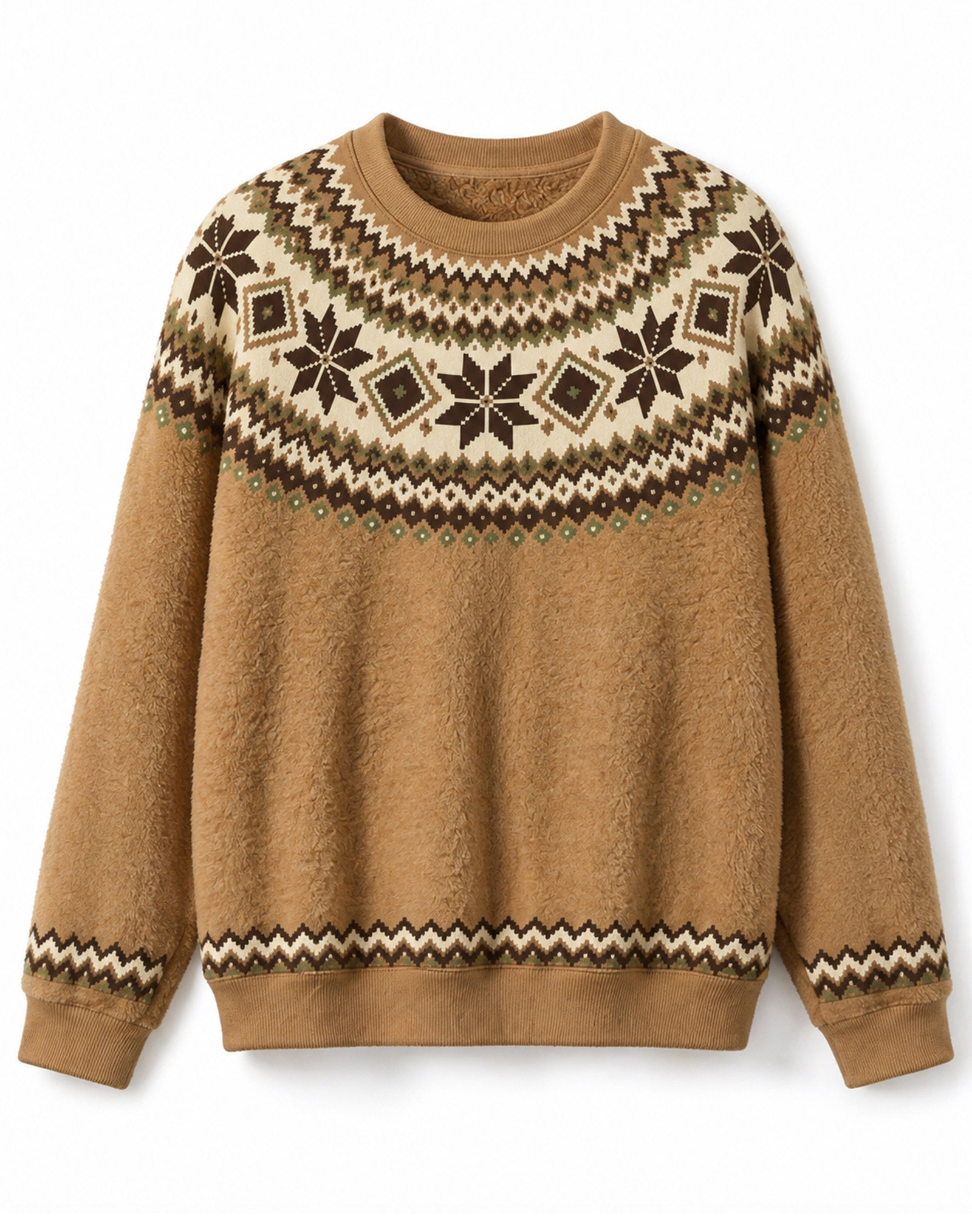 Khaki Fair Isle Nordic Snowflake Crew Neck Sweater