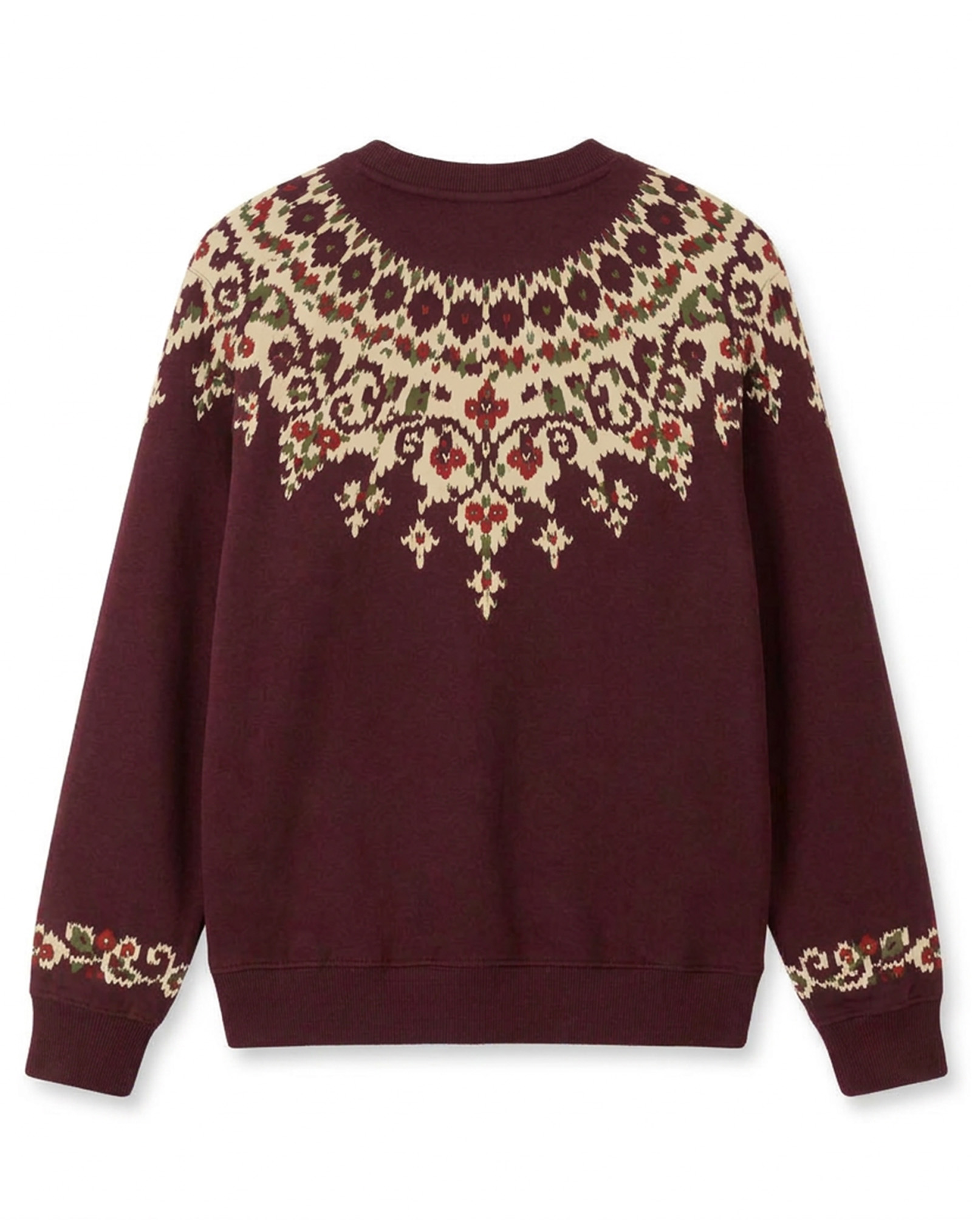 Burgundy Fair Isle Vintage Floral Crew Neck Knit Sweater, Retro Nordic Casual Winter Sweater