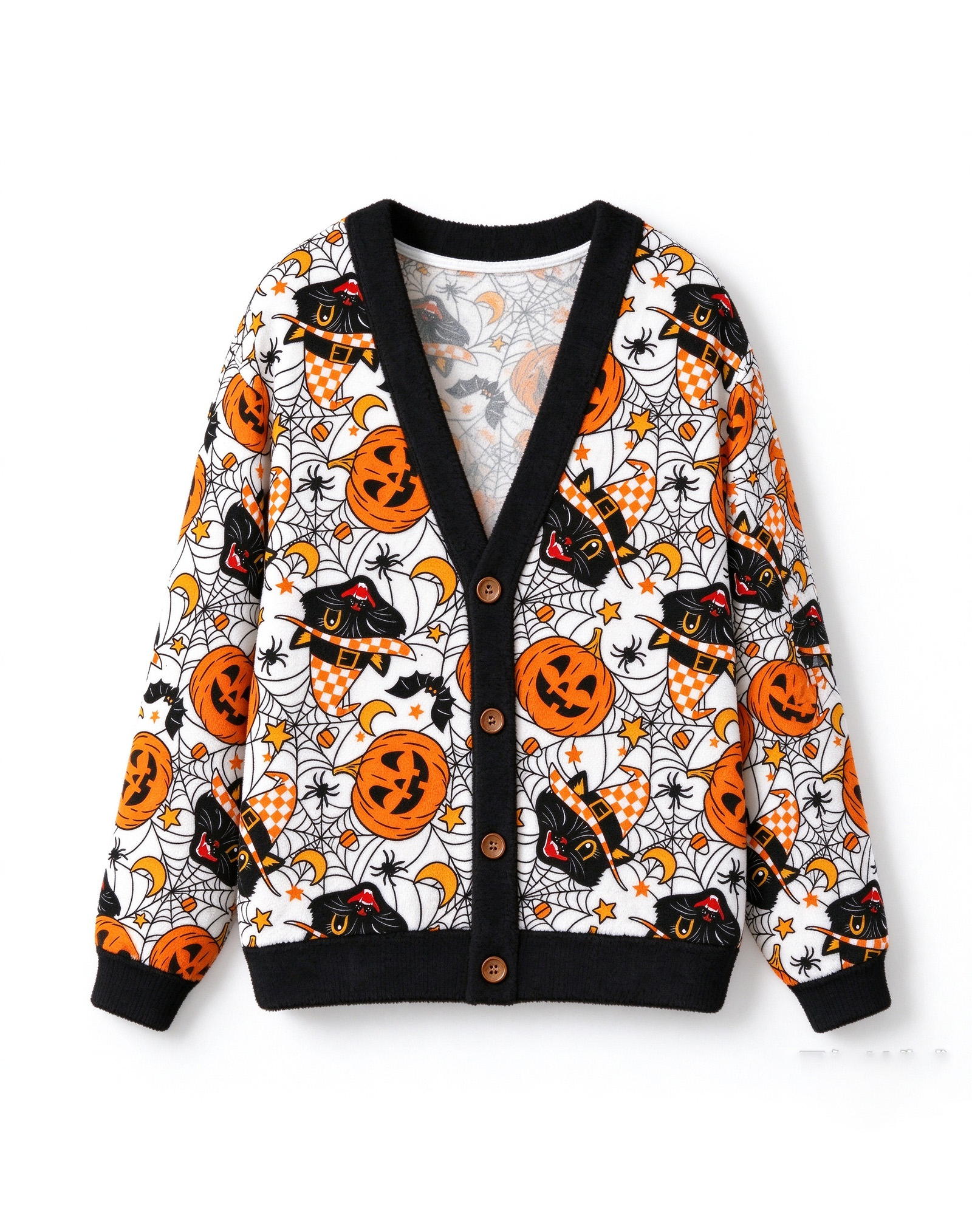 Halloween Black Cat Pumpkin Fleece Cardigan, V-Neck Witch Hat Spiderweb Sweater Jacket