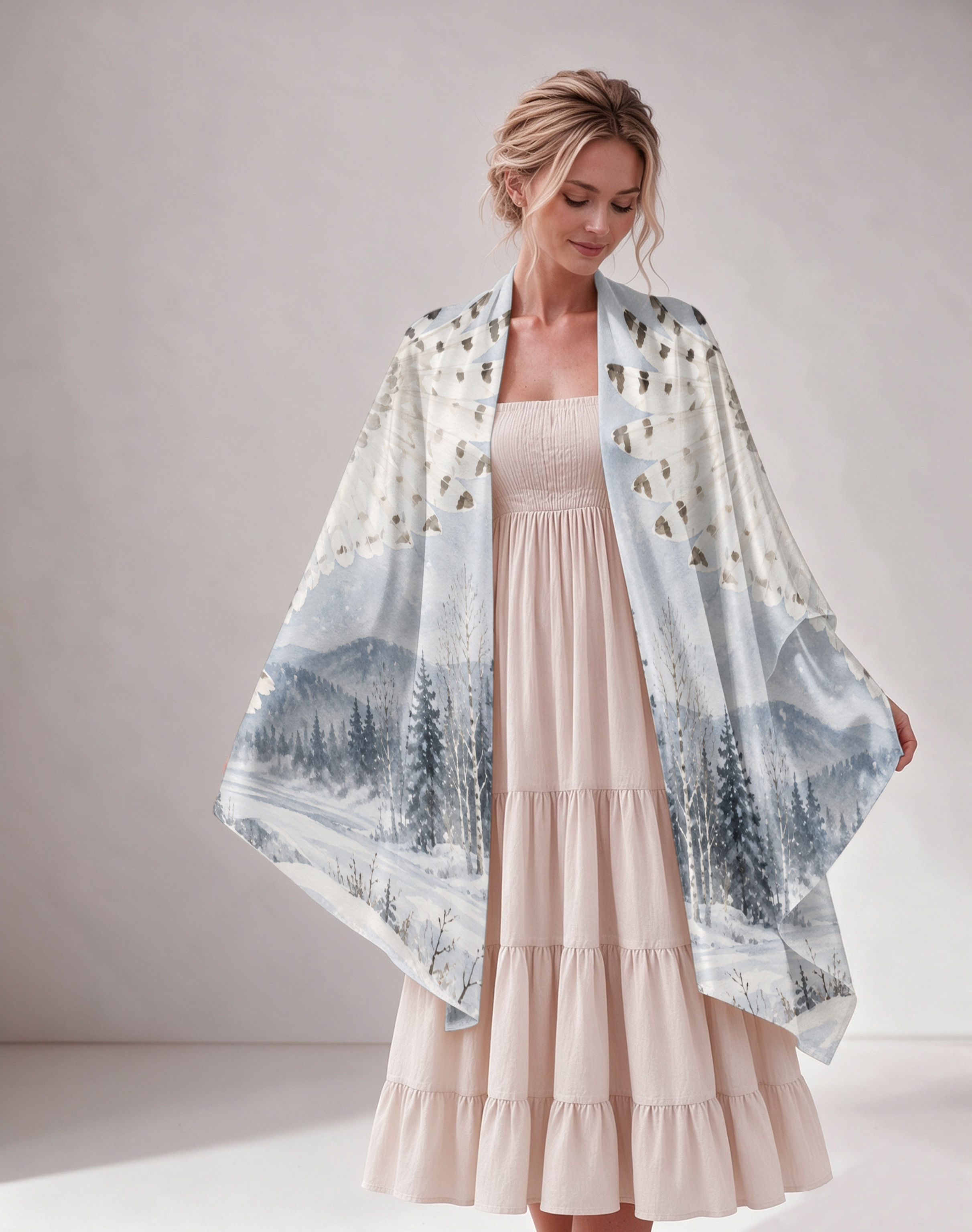 Snowy Owl Winter Forest Print Satin Shawl