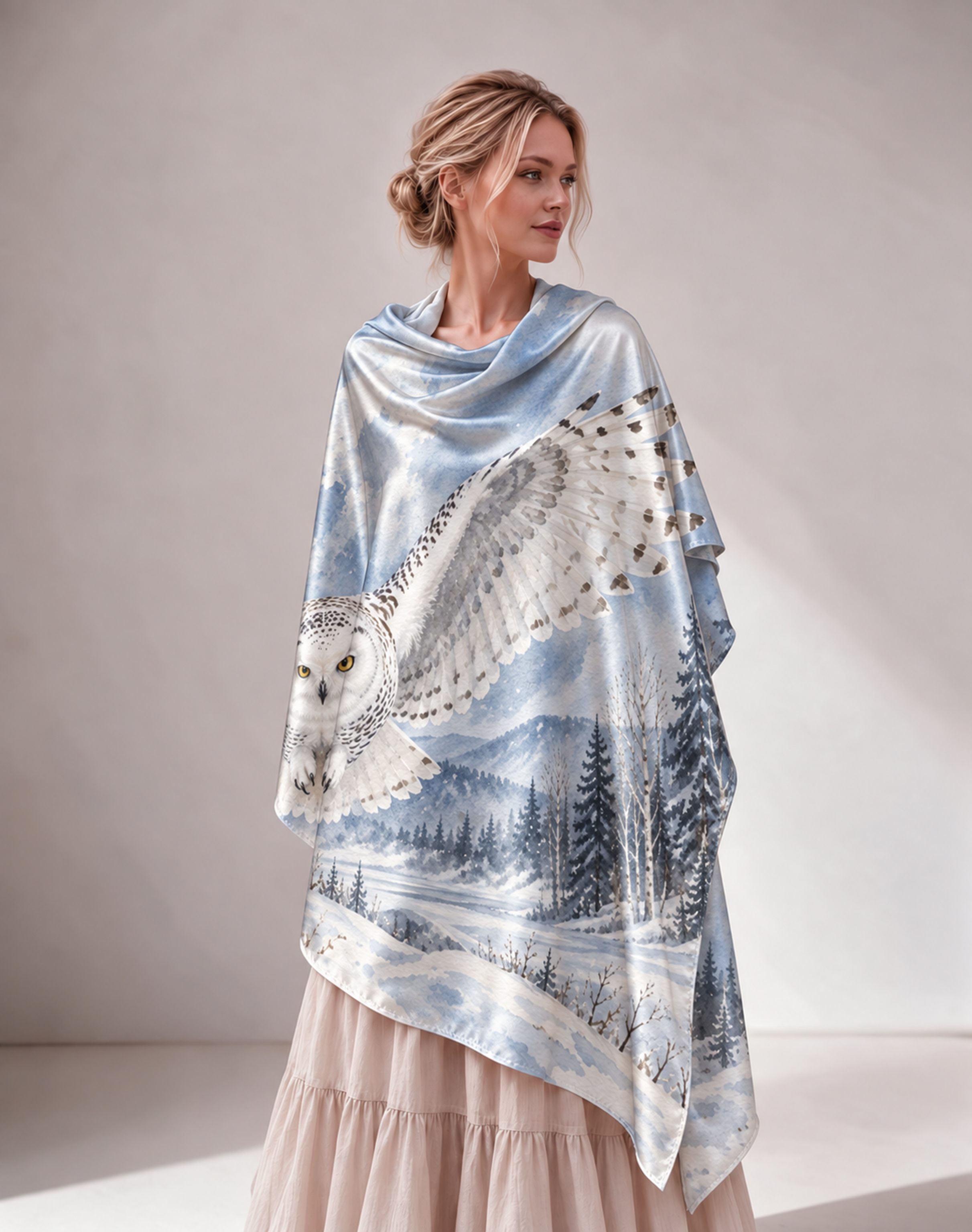 Snowy Owl Winter Forest Print Satin Shawl