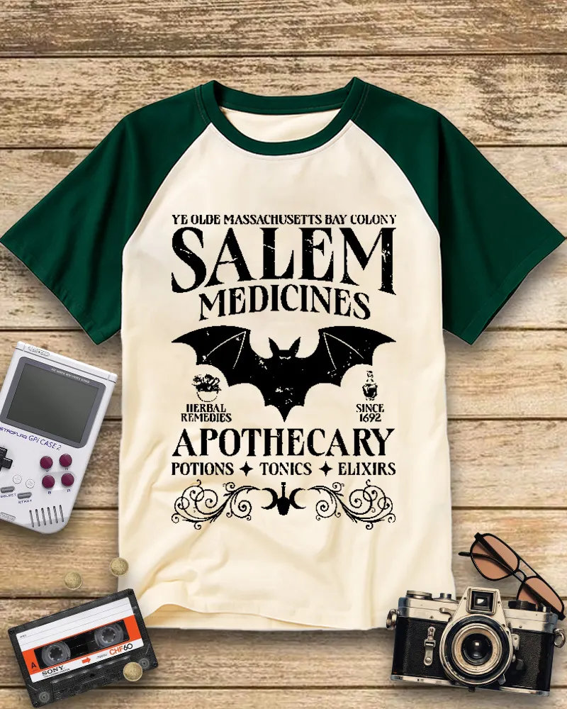 Vintage Gothic Bat Print Baseball Tee
