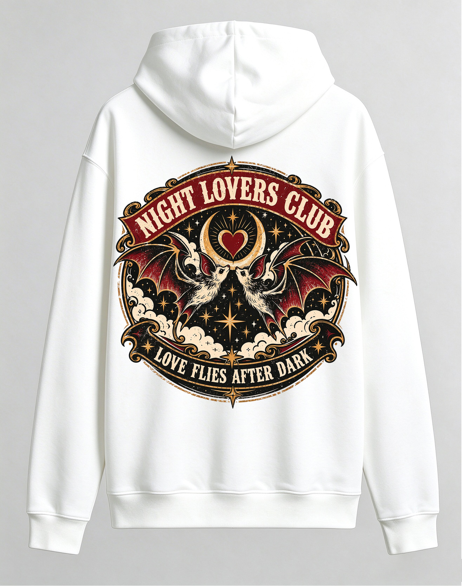 Retro Gothic Night Lovers Club Hoodie, Twin Bats Moon Heart Dark Romance Halloween Back Print Hooded Sweatshirt