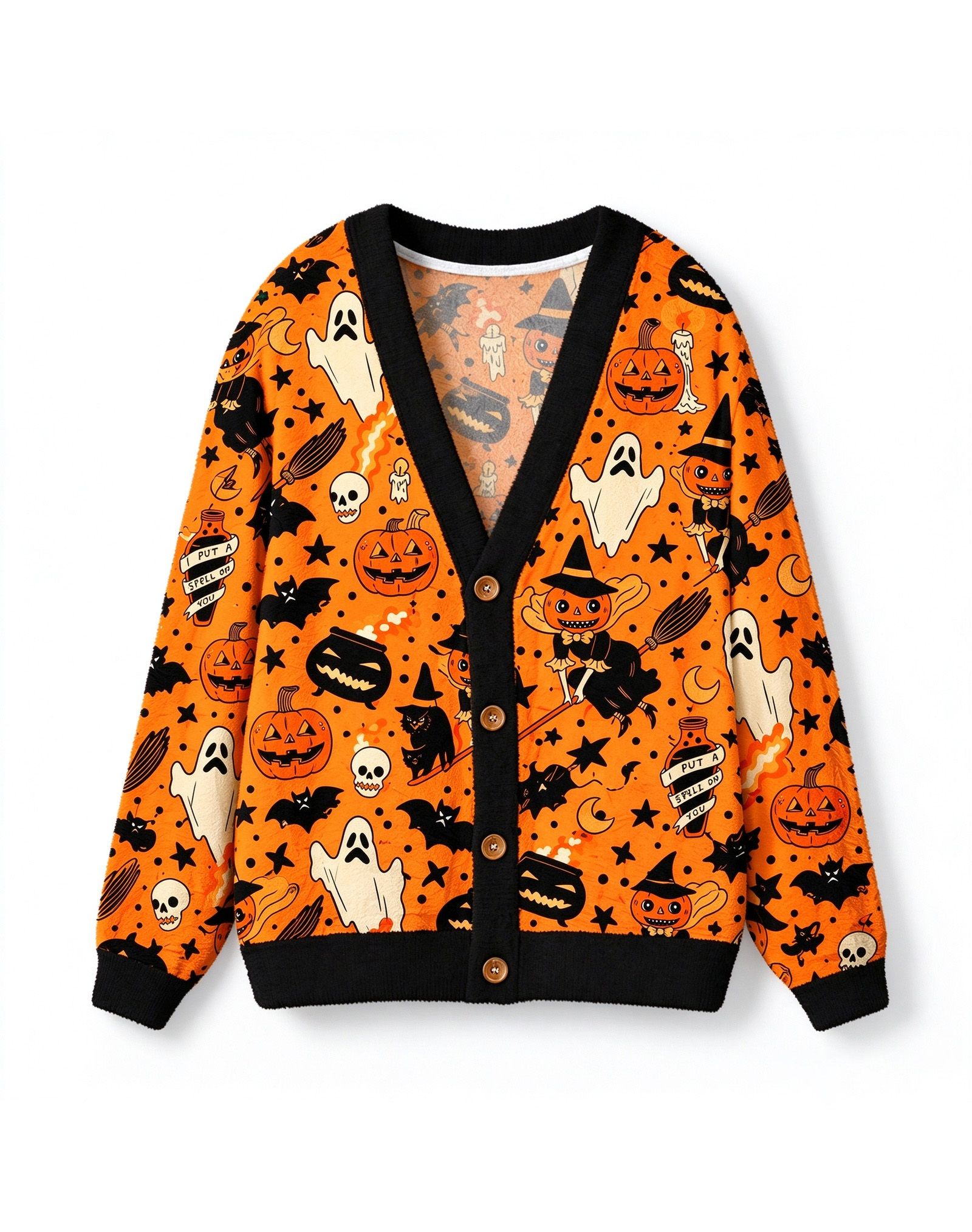 Halloween Pumpkin Ghost Fleece Cardigan, V-Neck Button Down Witch Bat Sweater Jacket