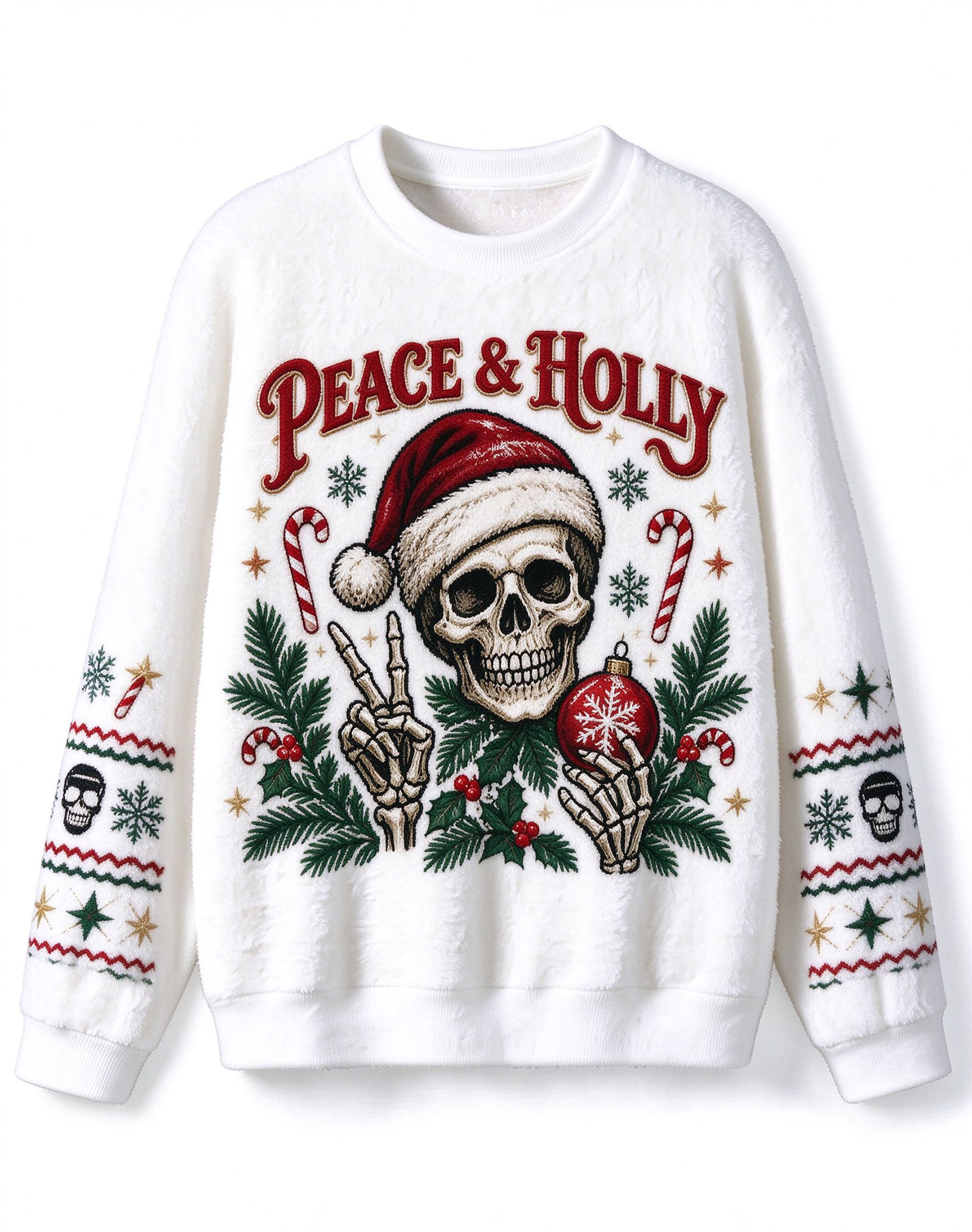 PEACE & HOLLY Skeleton Santa Crew Neck Sweater, Christmas Long Sleeve Pullover