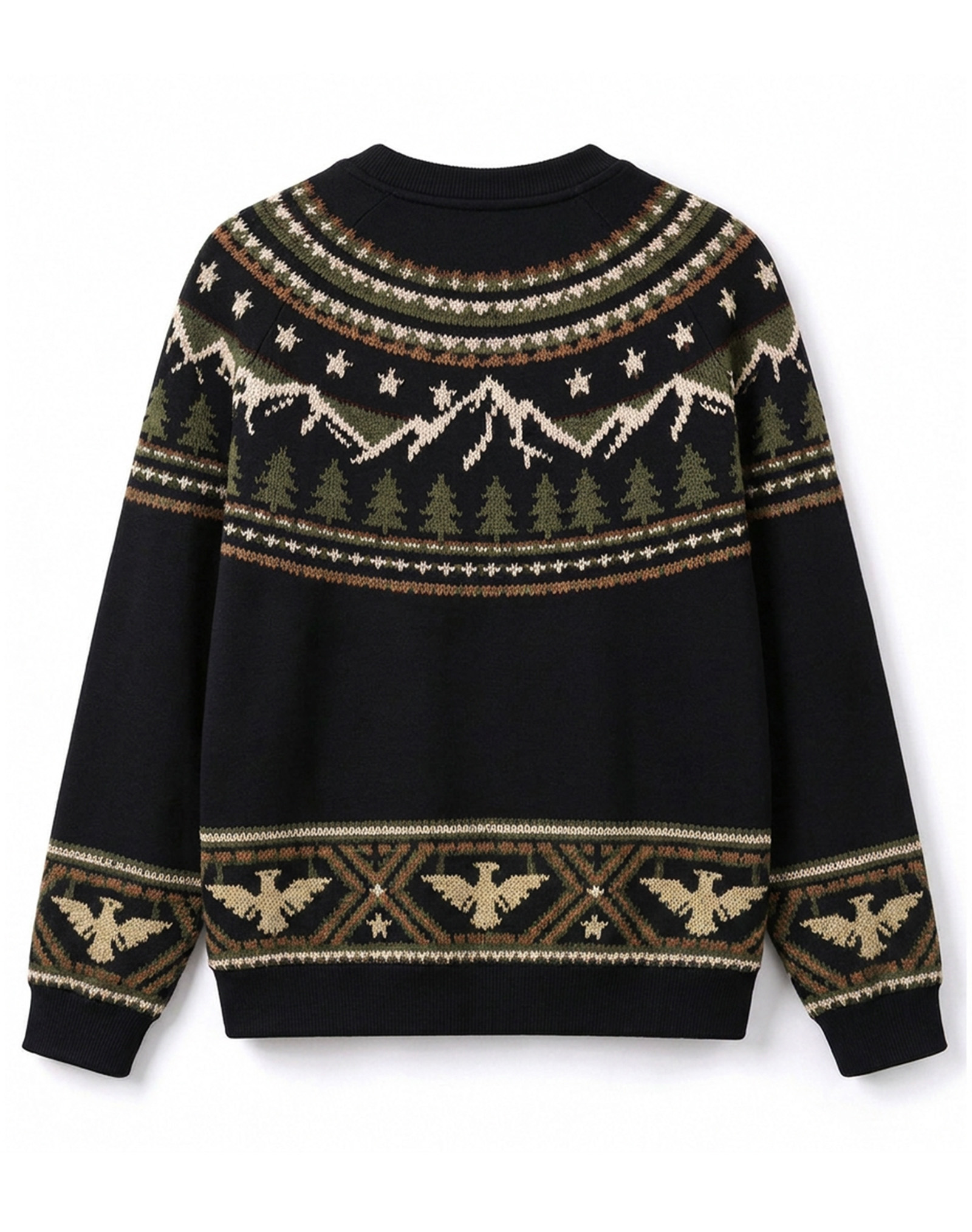 Black Fair Isle Mountain Eagle Crew Neck Knit Sweater, Vintage Nordic Casual Winter Sweater