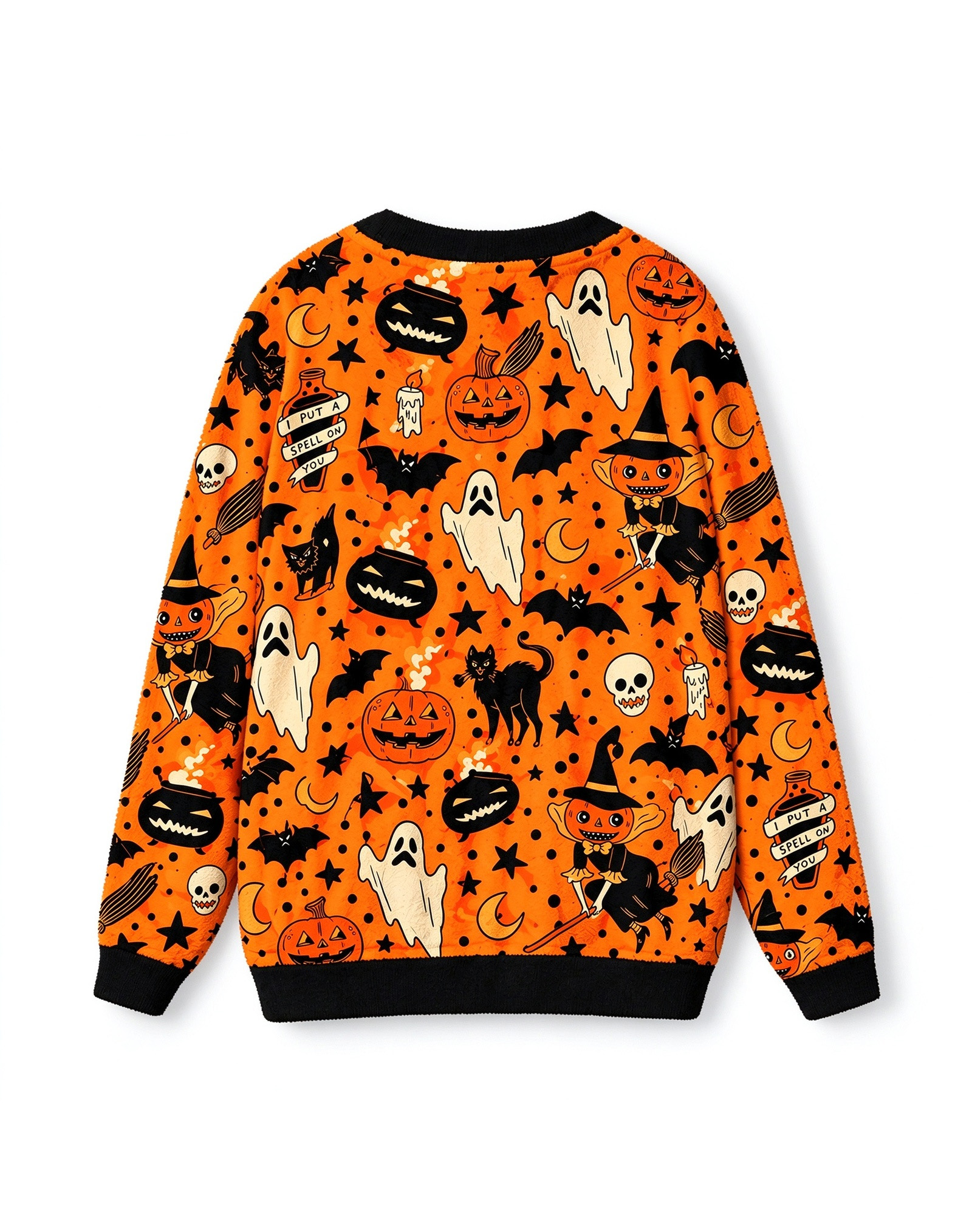 Halloween Pumpkin Ghost Fleece Cardigan, V-Neck Button Down Witch Bat Sweater Jacket