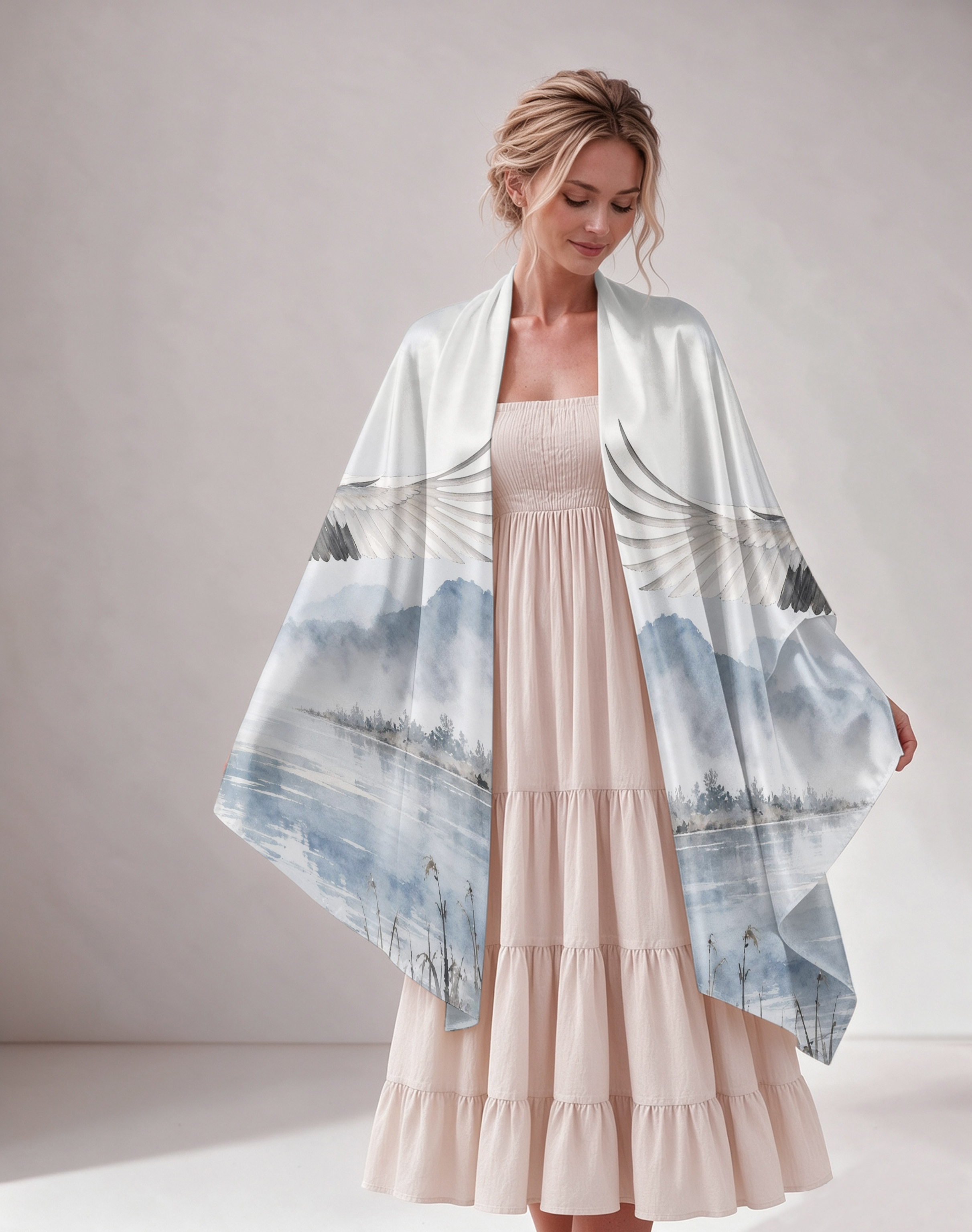 Crane Landscape Watercolor Satin Poncho Shawl
